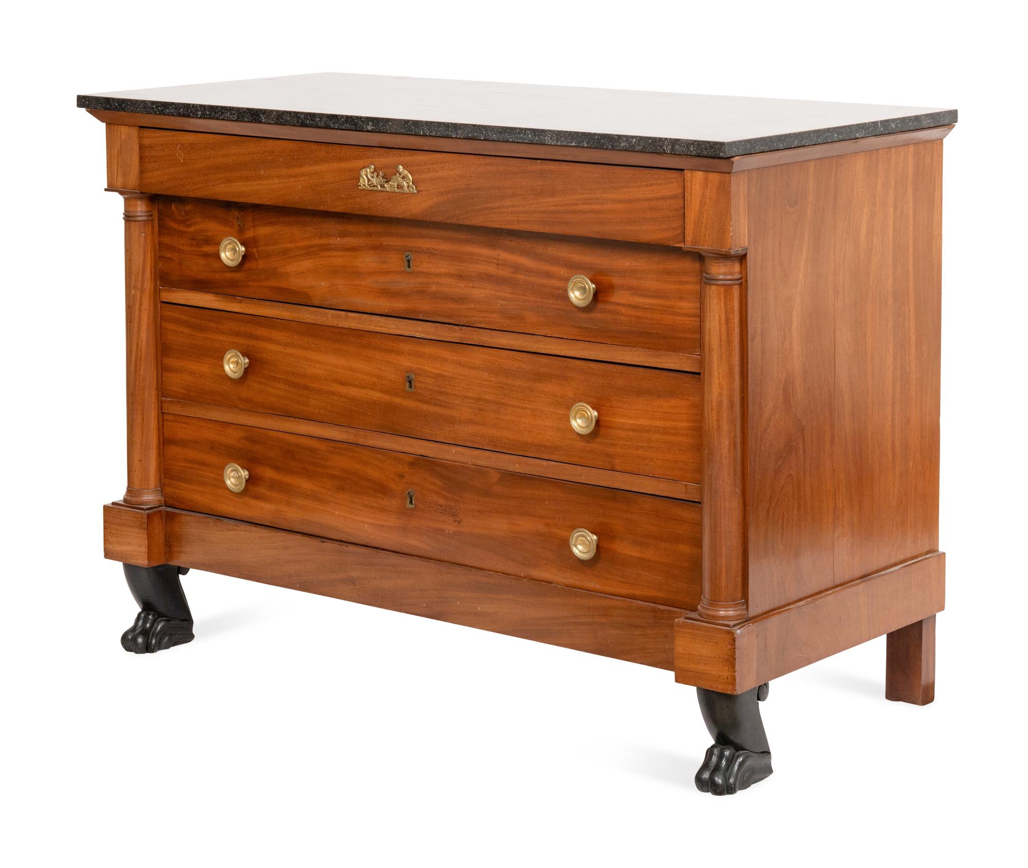 An Empire Mahogany Commode with Ebonized Paw Feet and Marble Top
