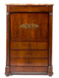 An Empire Style Gilt Bronze Mounted Mahogany Secretaire a Abattant Height 57 1/2 x width 37 1/2 x depth 18 inches. — LATE 19TH CENTURY