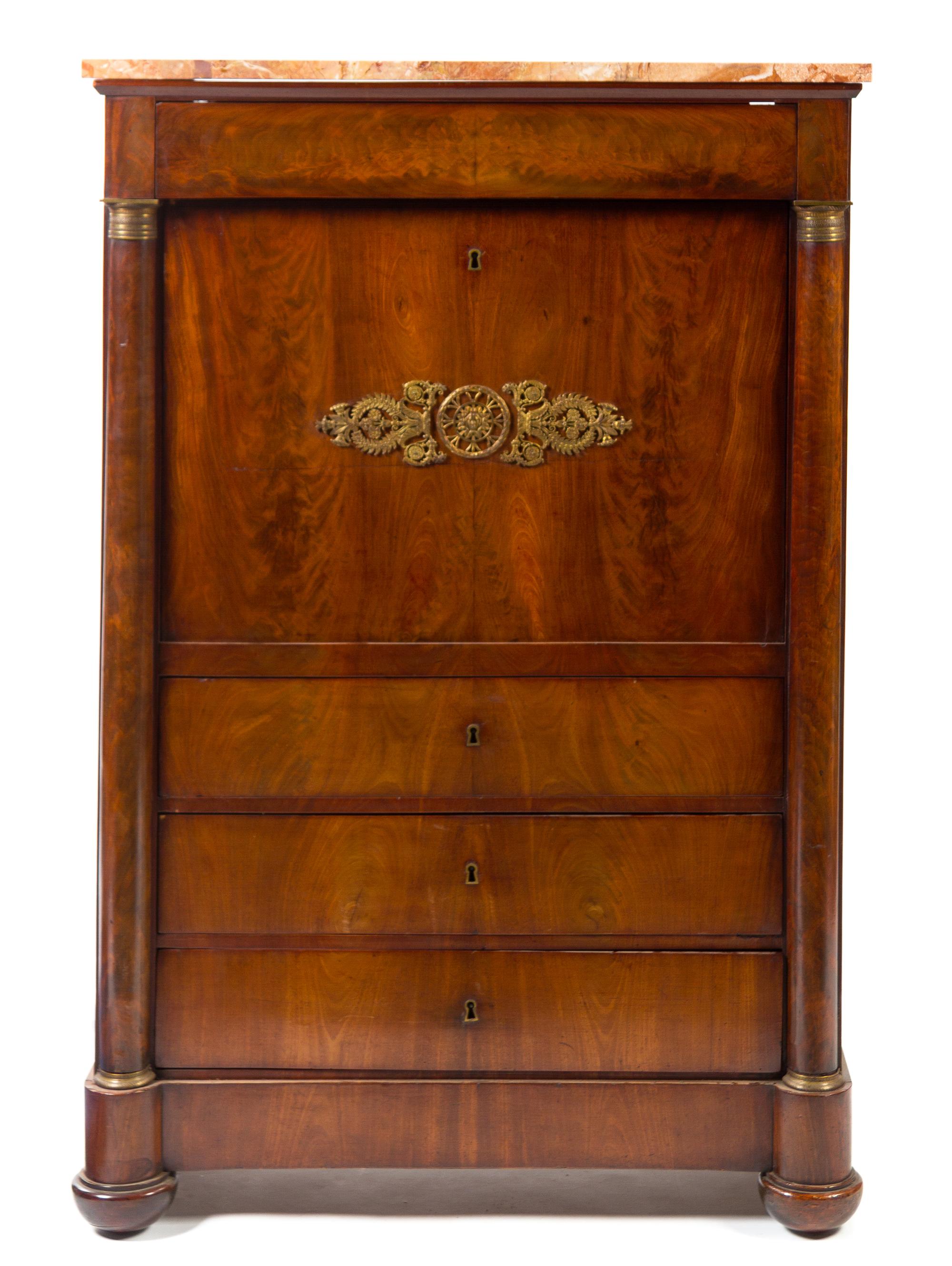 An Empire Style Gilt Bronze Mounted Mahogany Secretaire a Abattant Height 57 1/2 x width 37 1/2 x depth 18 inches. — LATE 19TH CENTURY