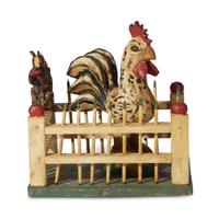 Carved and painted fenced garden with rooster and squirrel in the manner of Wilhelm Schimmel (1817-1890) Robert Stauffer, late 20th century