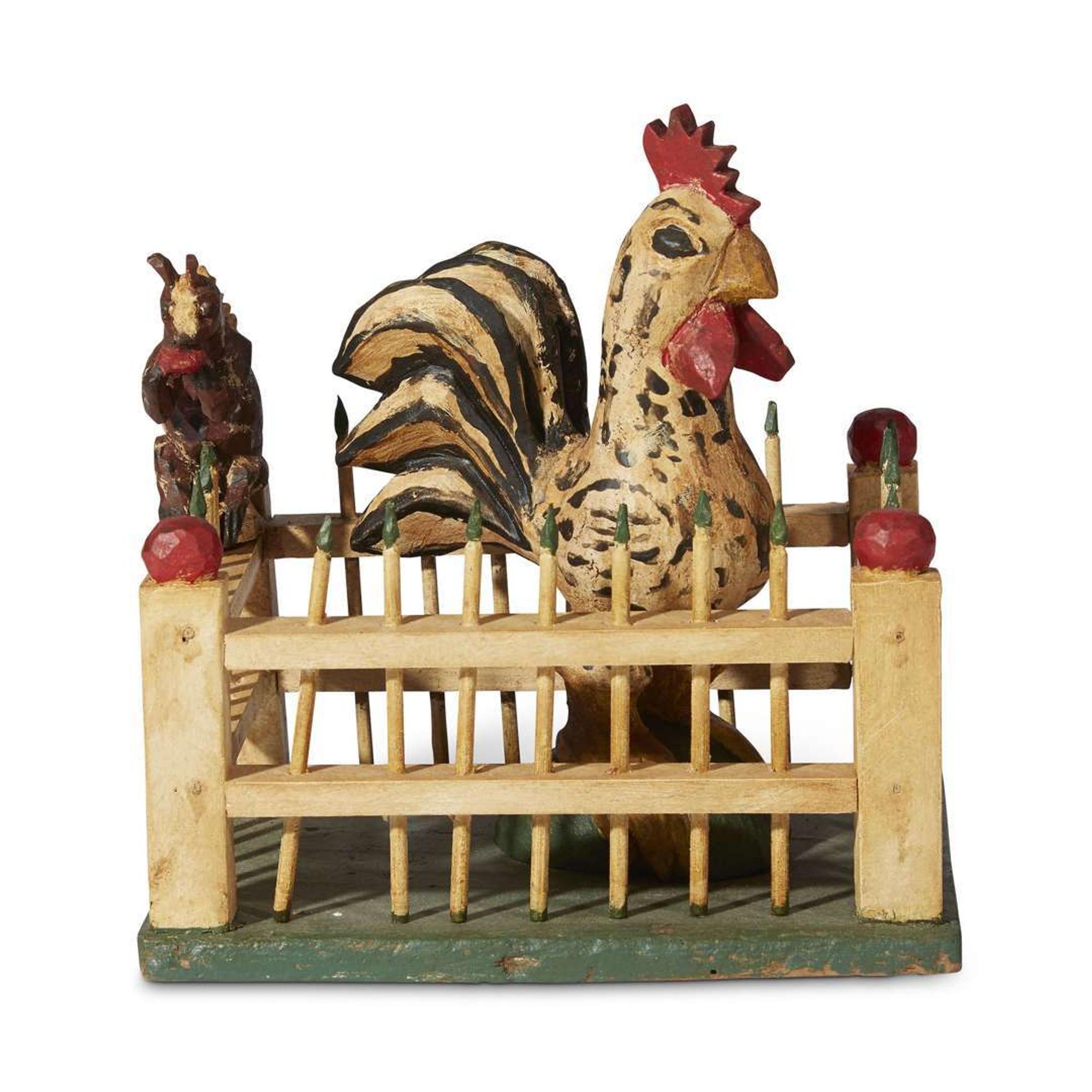 Carved and painted fenced garden with rooster and squirrel in the manner of Wilhelm Schimmel (1817-1890) Robert Stauffer, late 20th century