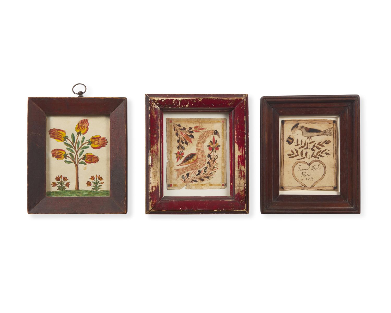 A Group of Three Fraktur Drawings or Rewards of Merit, Pennsylvania, 19th Century