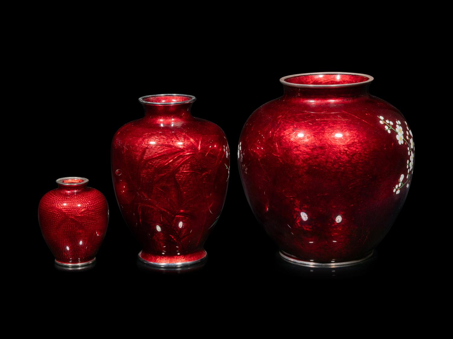 Three Japanese Red Ground Cloisonné Jars