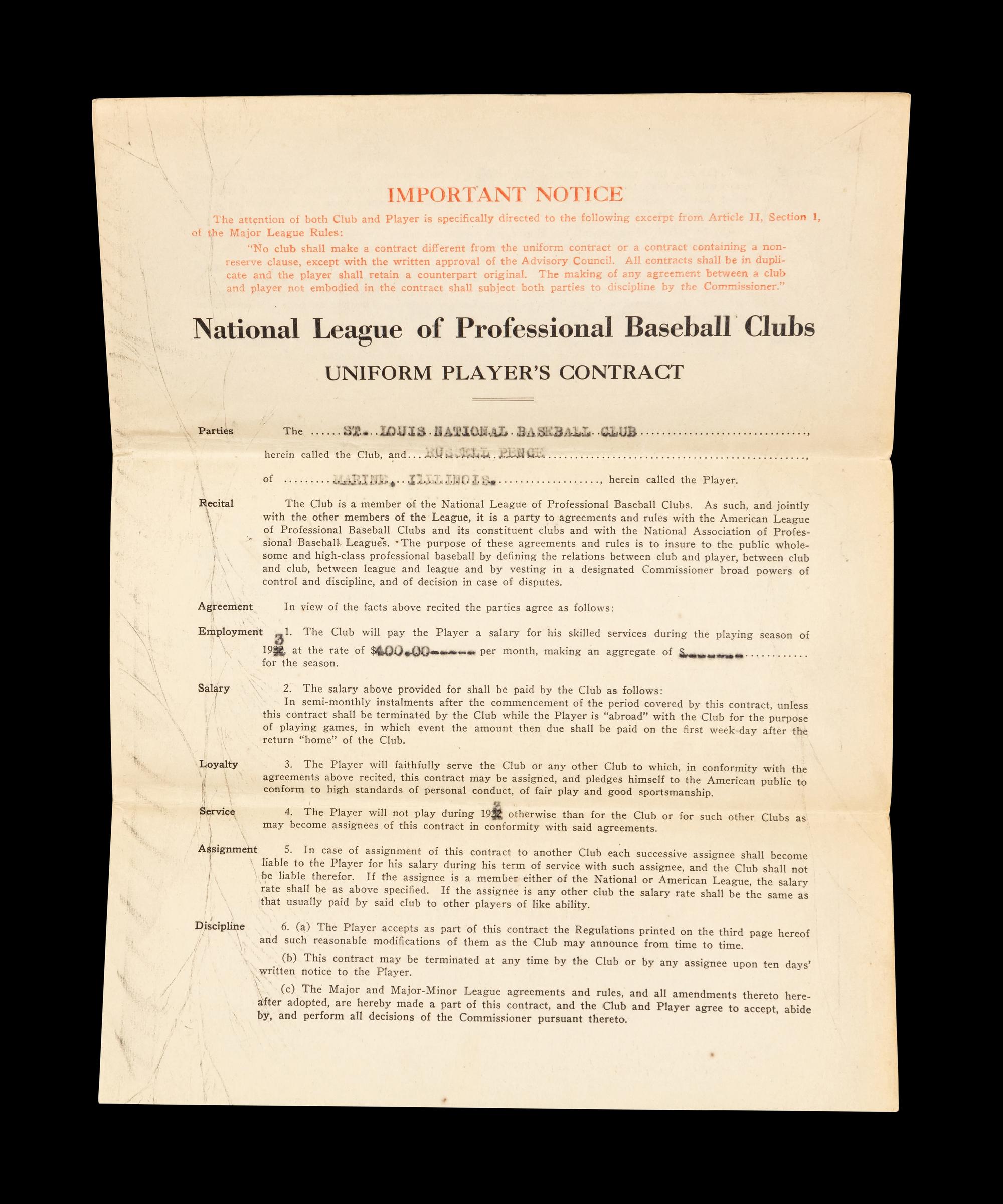 A Group of 15 1920s-30s St. Louis Cardinals Contract Agreements All Signed by Branch Rickey