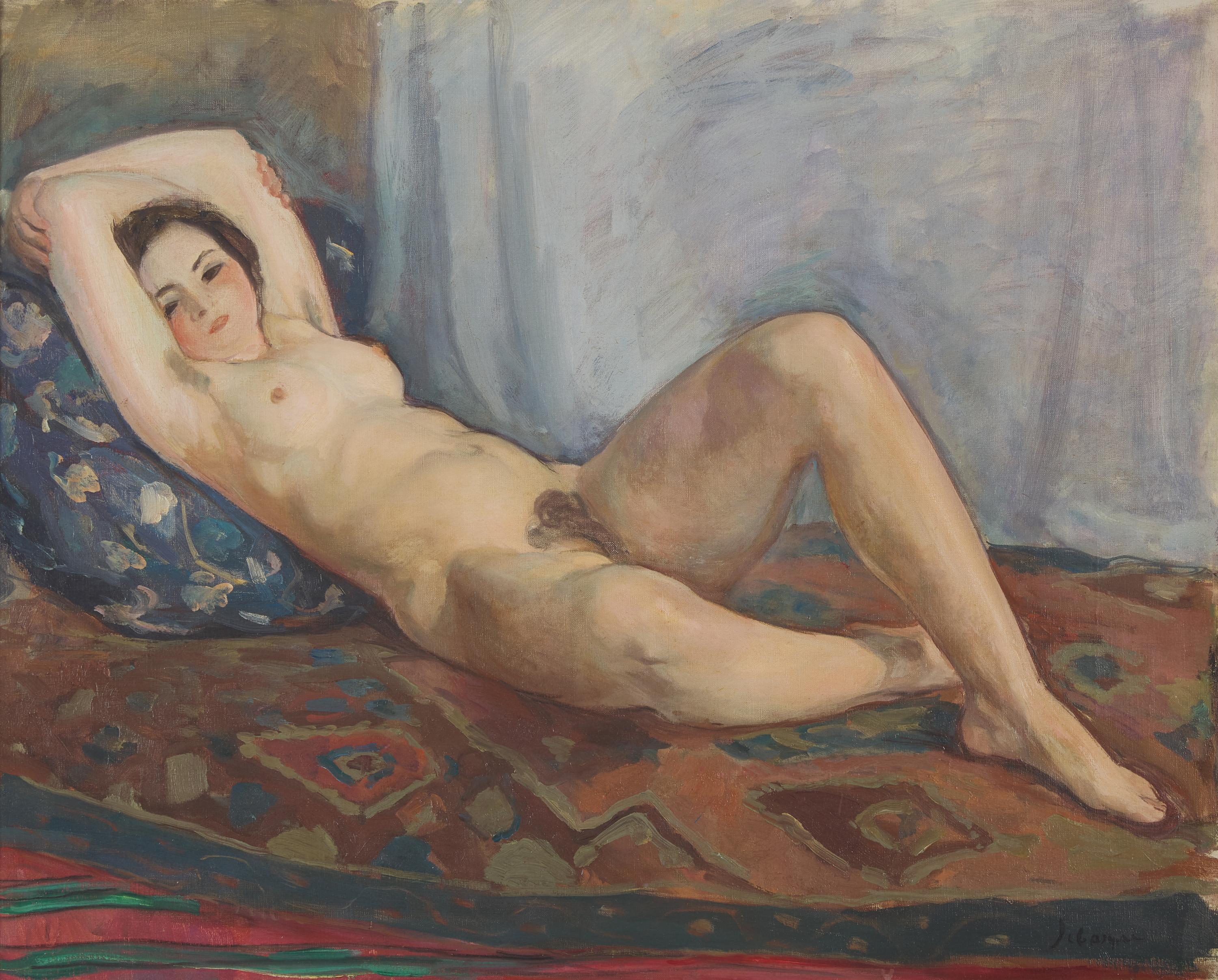 Henri Lebasque (French, 1865-1937) — Nu Étendu, Bras Levés, Au Coussin Bleu , c. 1920-1921