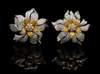 A Fine Pair of 18 Karat Gold, Colored Diamond and Diamond Flower Earclips, Ambrosi, 29.60 dwts.