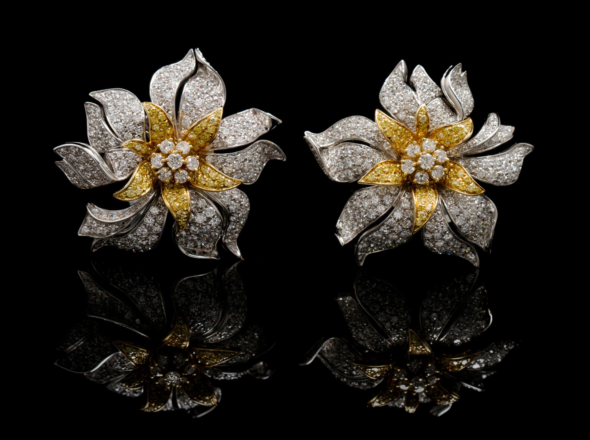 A Fine Pair of 18 Karat Gold, Colored Diamond and Diamond Flower Earclips, Ambrosi, 29.60 dwts.