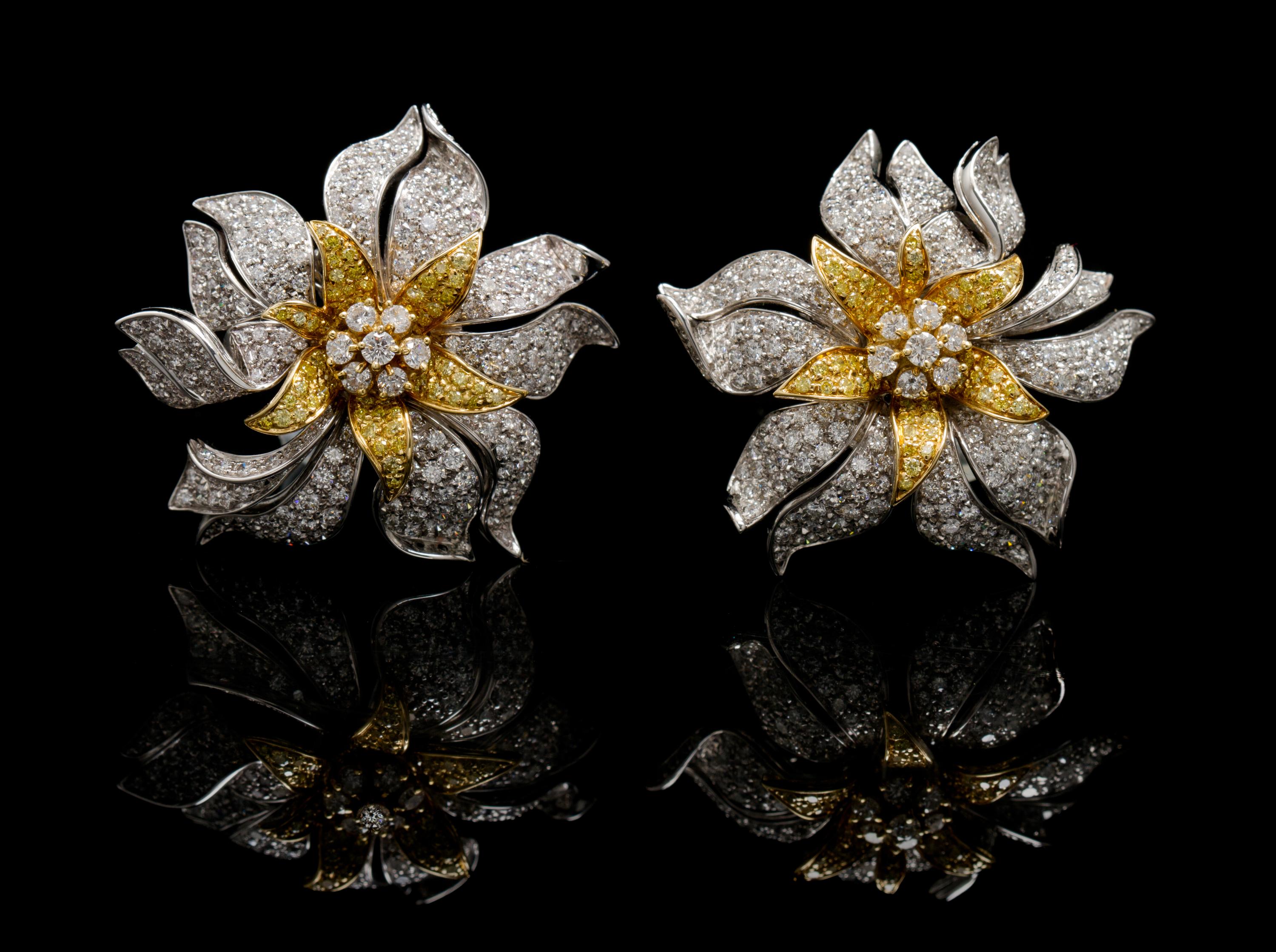 A Fine Pair of 18 Karat Gold, Colored Diamond and Diamond Flower Earclips, Ambrosi, 29.60 dwts.