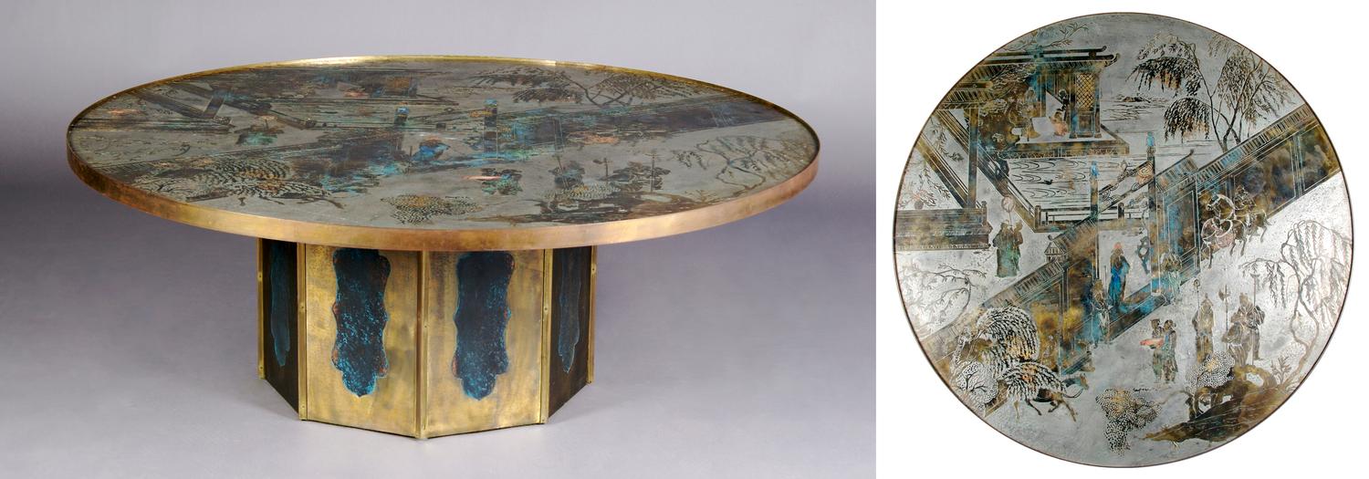 A Philip and Kelvin LaVerne Patinated Bronze Chan Low Table, Height 17 3/4 x diameter 47 1/4 inches.