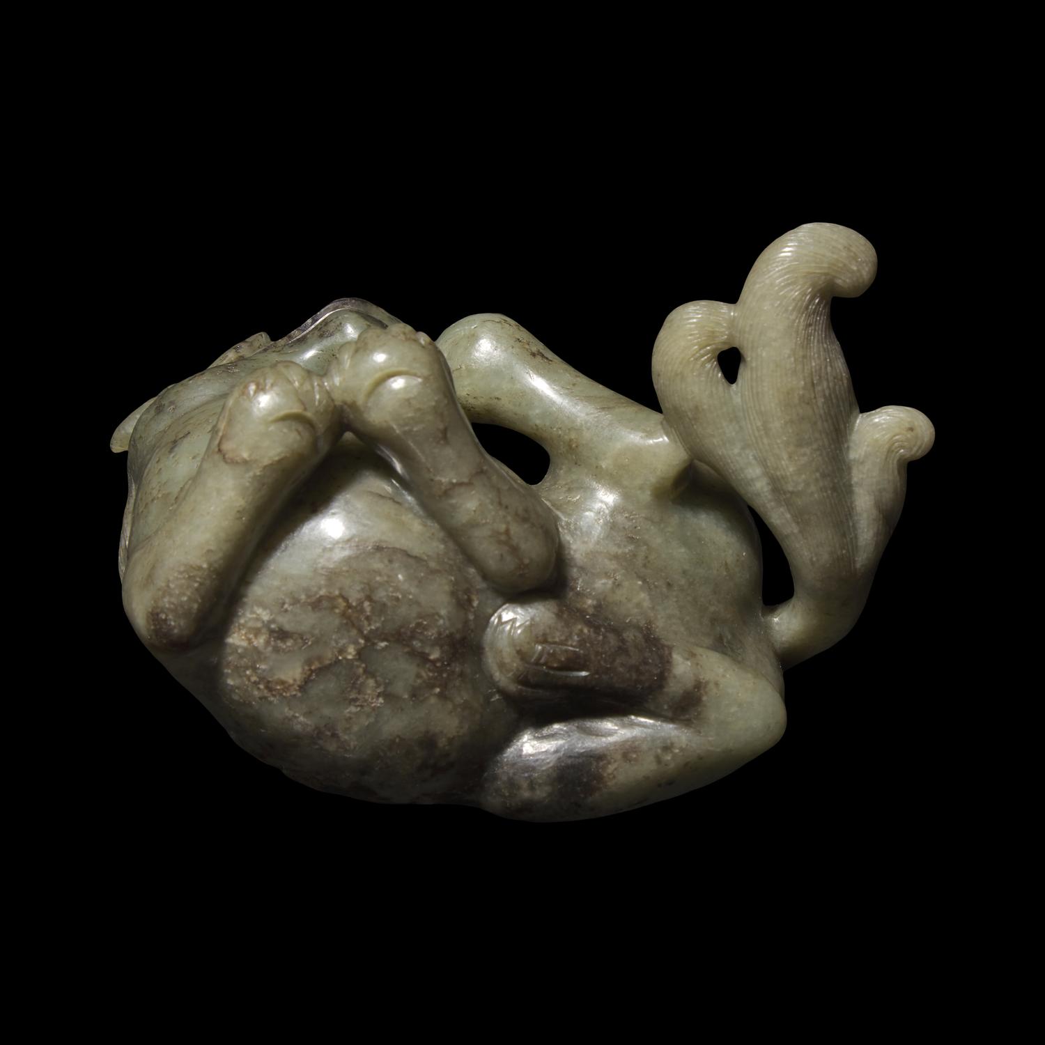 A Chinese Carved Sage Green Jade Mythical Beast, Bixie 青玉辟邪