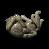 A Chinese Carved Sage Green Jade Mythical Beast, Bixie 青玉辟邪