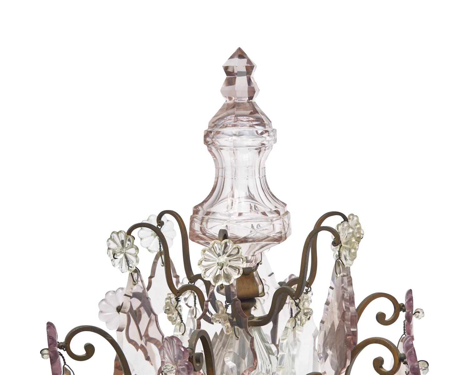 A Pair of French Patinated Bronze and Crystal Candelabra