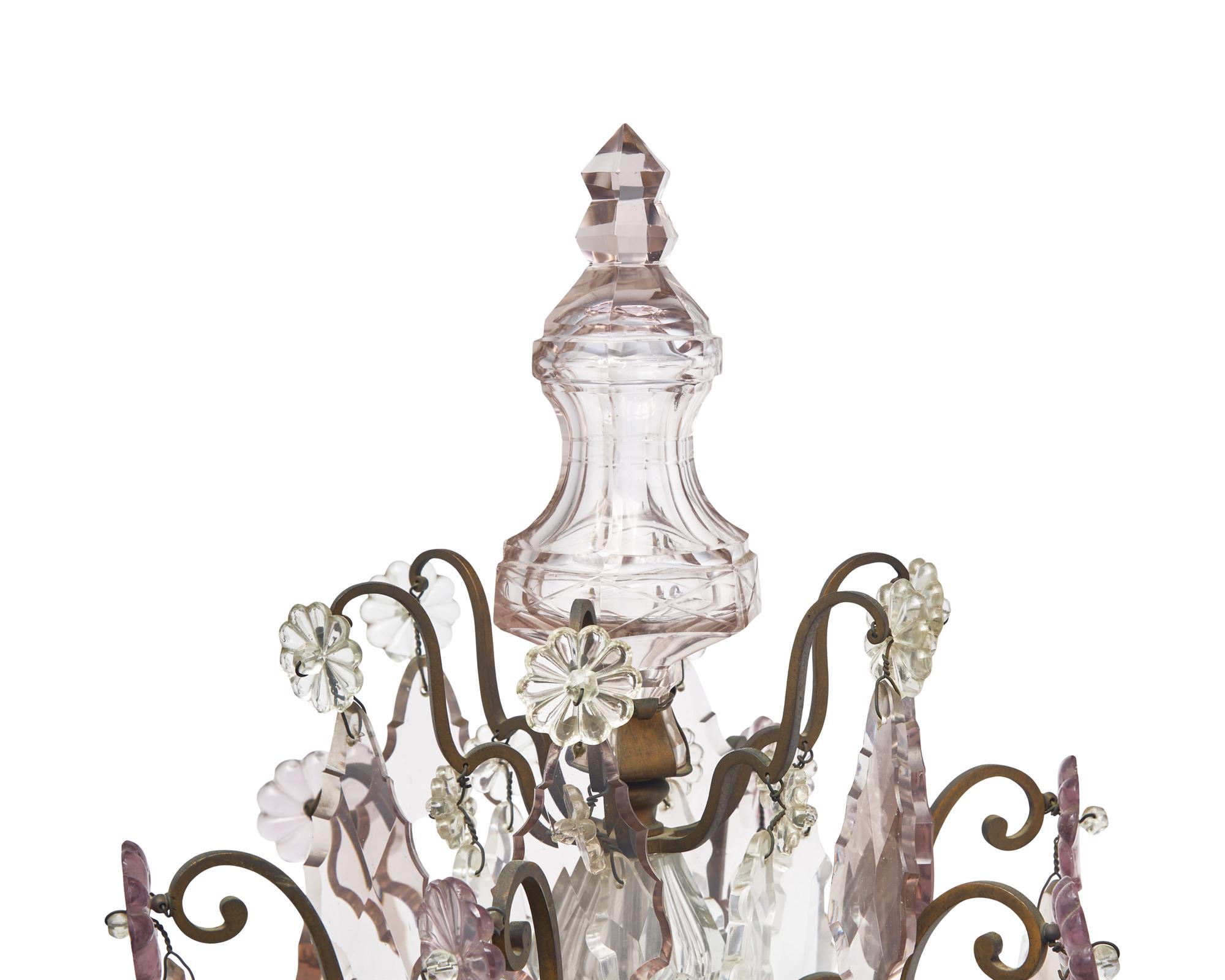 A Pair of French Patinated Bronze and Crystal Candelabra