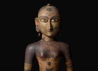 An Indian carved and painted wood Gauri figure, Rajasthan, 19th to early 20th century 印度女神祗木雕 拉賈斯坦邦 十九至二十世紀初