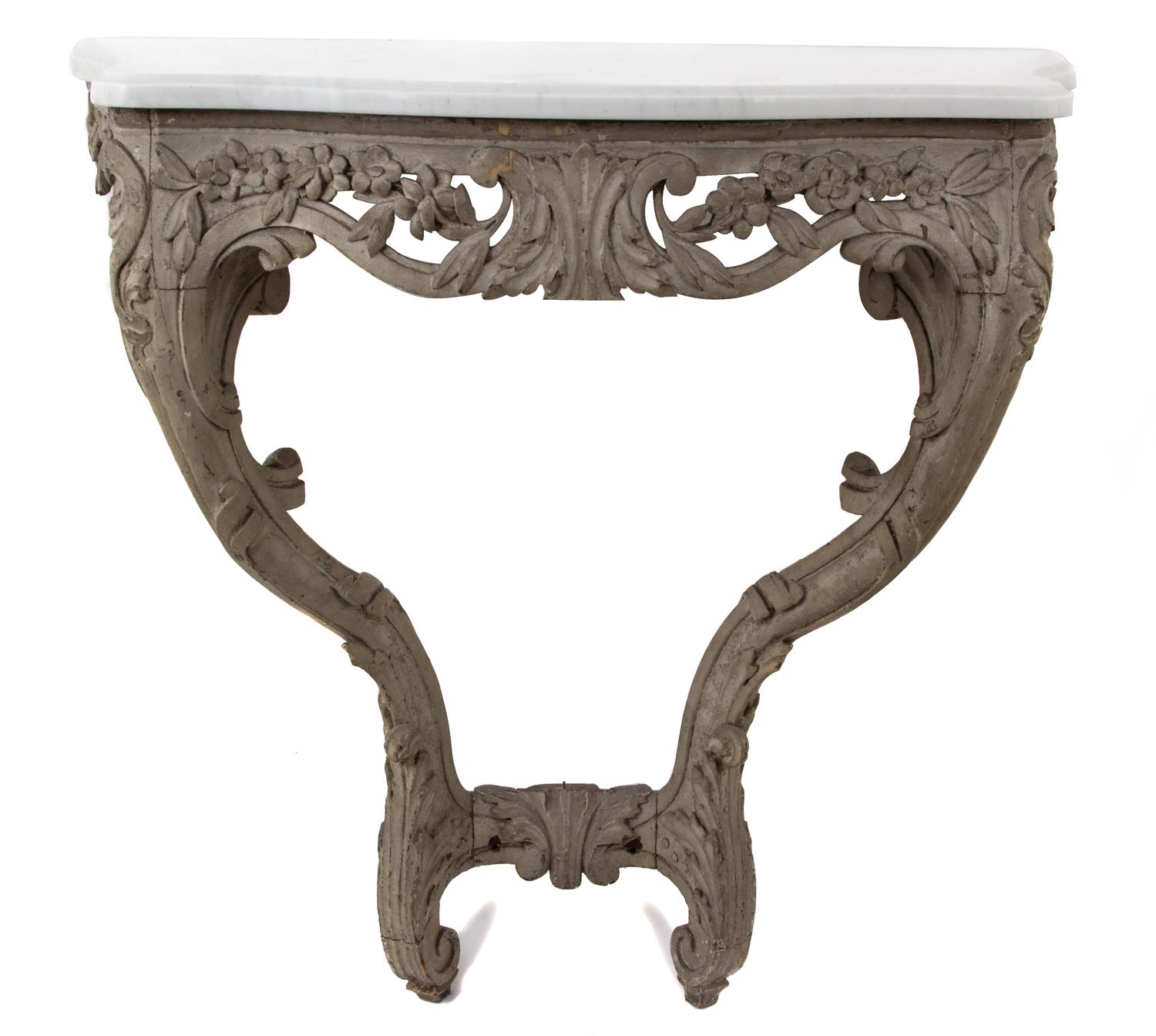 A Continental Rococo Style Carved and Painted Marble Top Console Table Height 32 1/2 x width 31 x depth 18 inches. — 19TH CENTURY