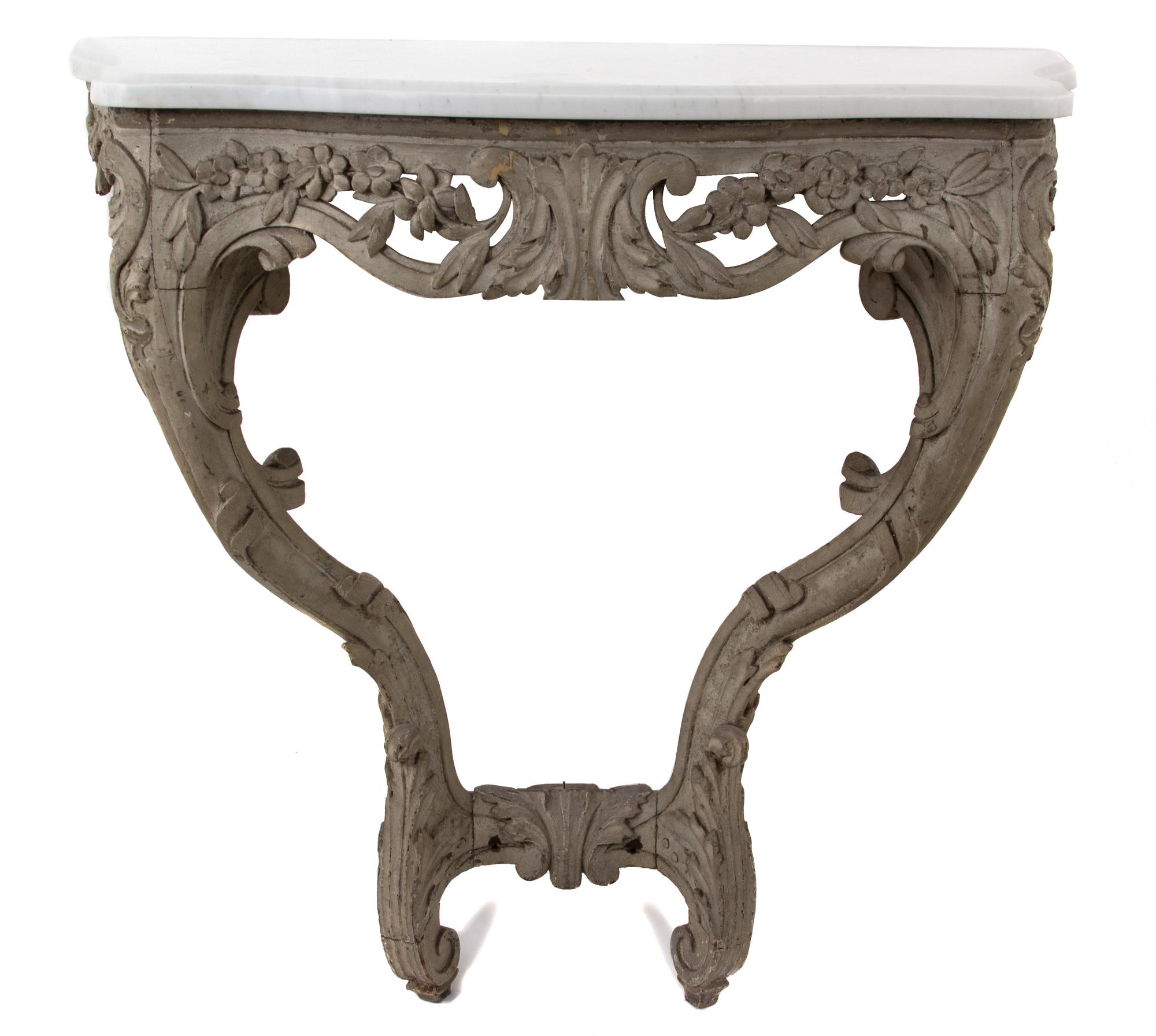A Continental Rococo Style Carved and Painted Marble Top Console Table Height 32 1/2 x width 31 x depth 18 inches. — 19TH CENTURY