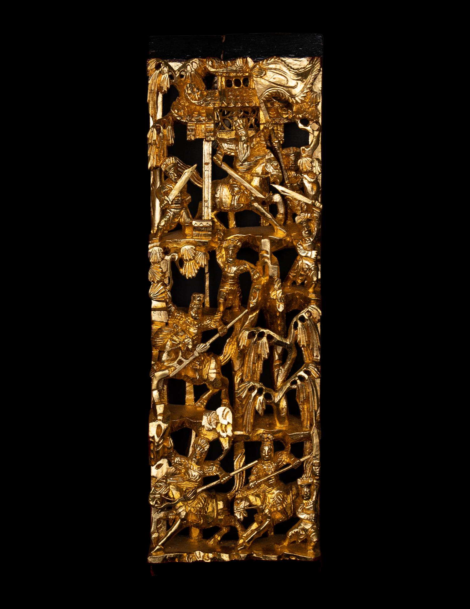Four Chinese Gilt and Red Lacquered Wood Panels