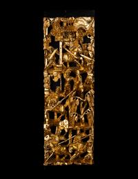 Four Chinese Gilt and Red Lacquered Wood Panels
