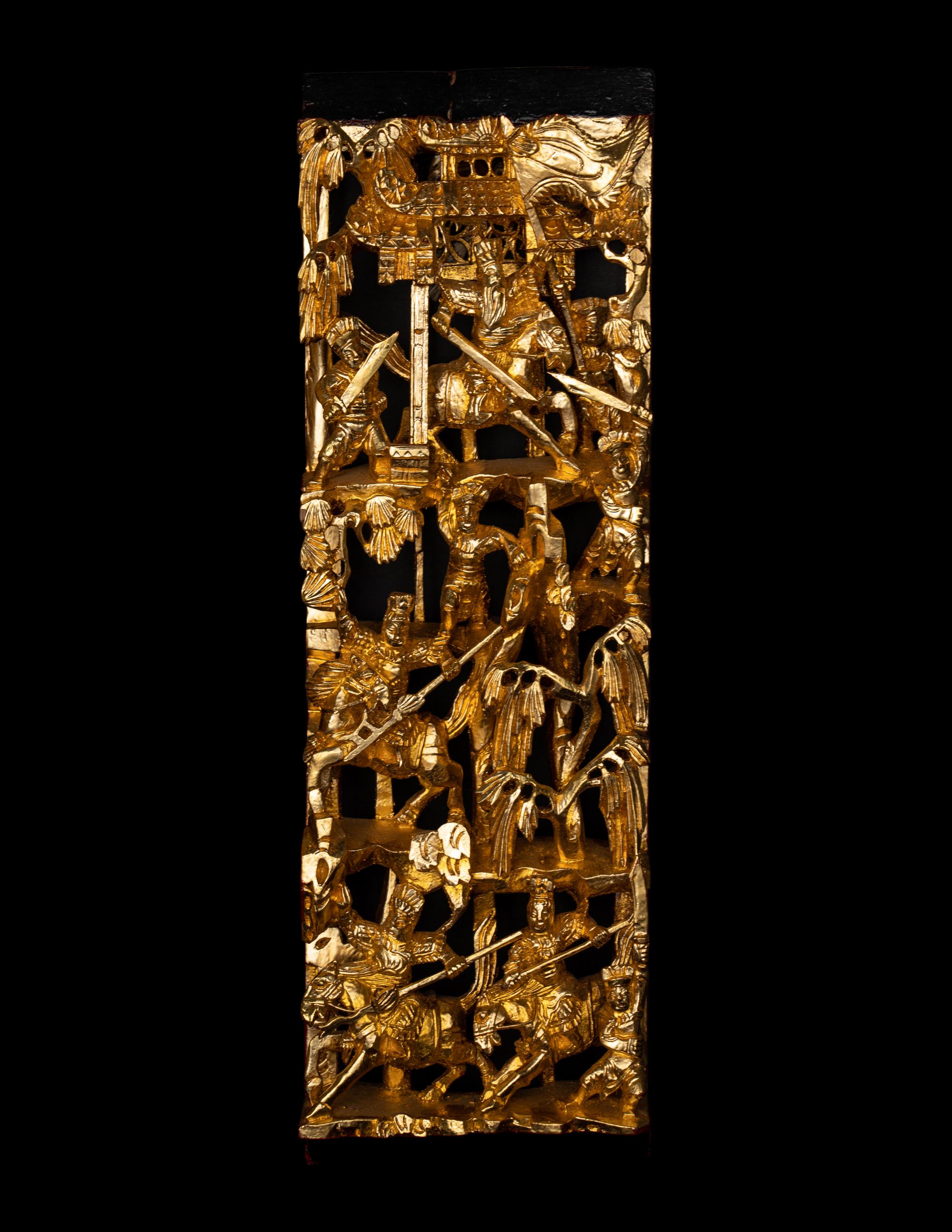 Four Chinese Gilt and Red Lacquered Wood Panels