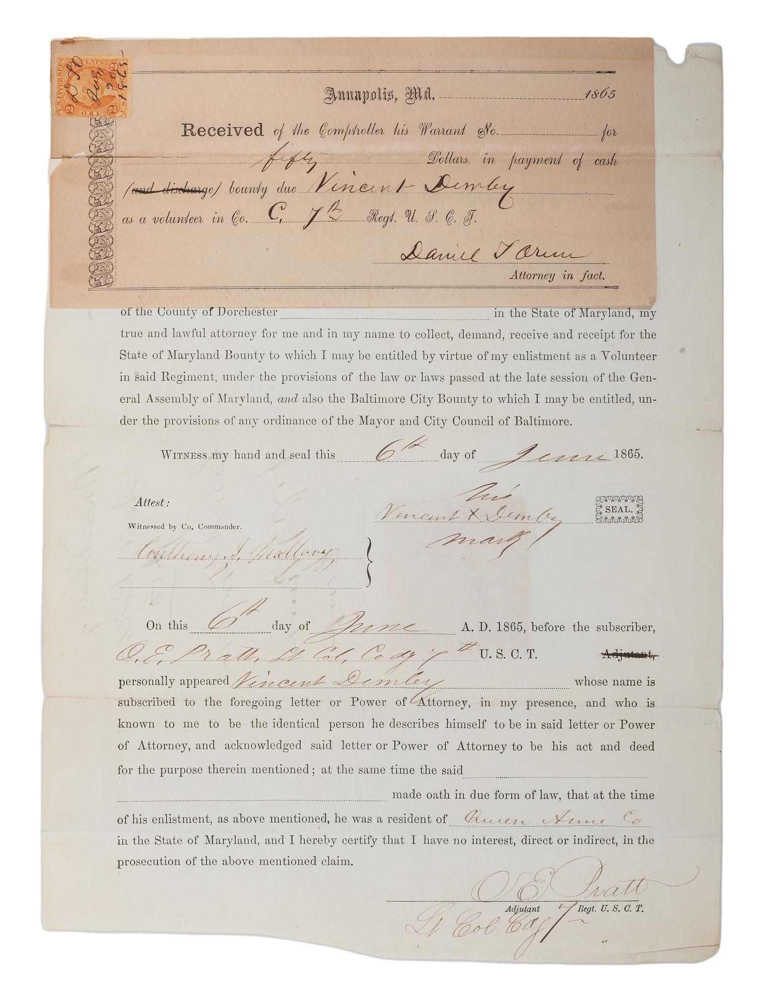 [CIVIL WAR]. A group of 9 documents related to the 7th US Colored Troops including muster rolls and appointments for 2nd Lieutenant Joseph M. Califf.
