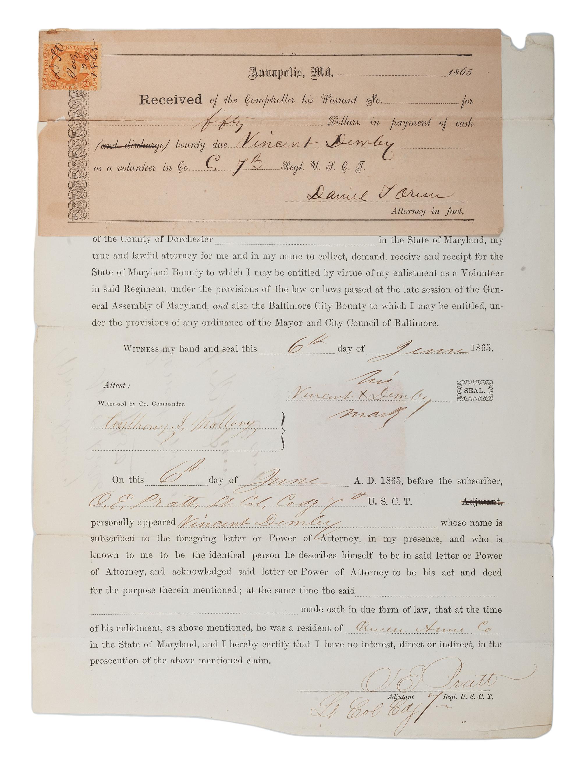 [CIVIL WAR]. A group of 9 documents related to the 7th US Colored Troops including muster rolls and appointments for 2nd Lieutenant Joseph M. Califf.