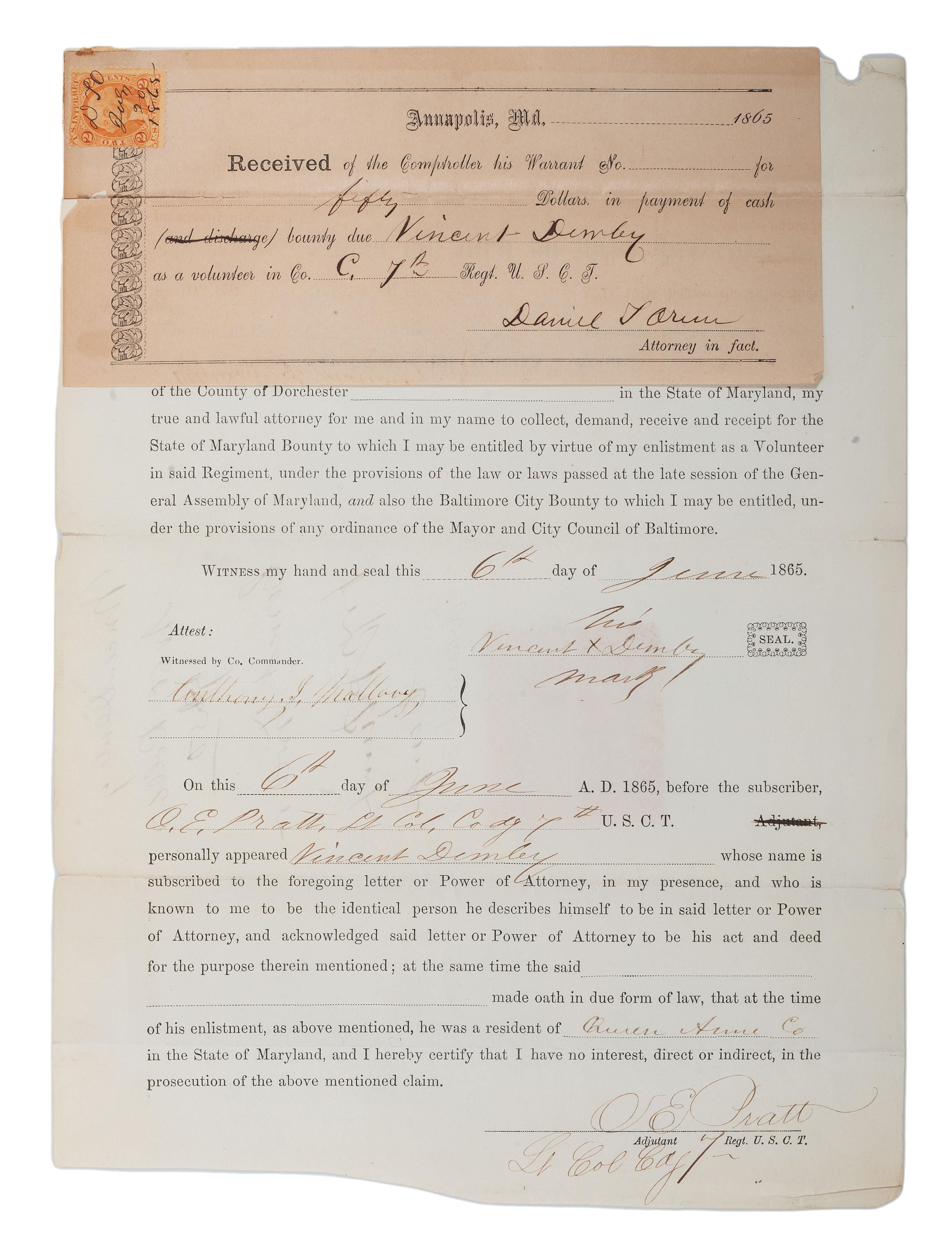 [CIVIL WAR]. A group of 9 documents related to the 7th US Colored Troops including muster rolls and appointments for 2nd Lieutenant Joseph M. Califf.