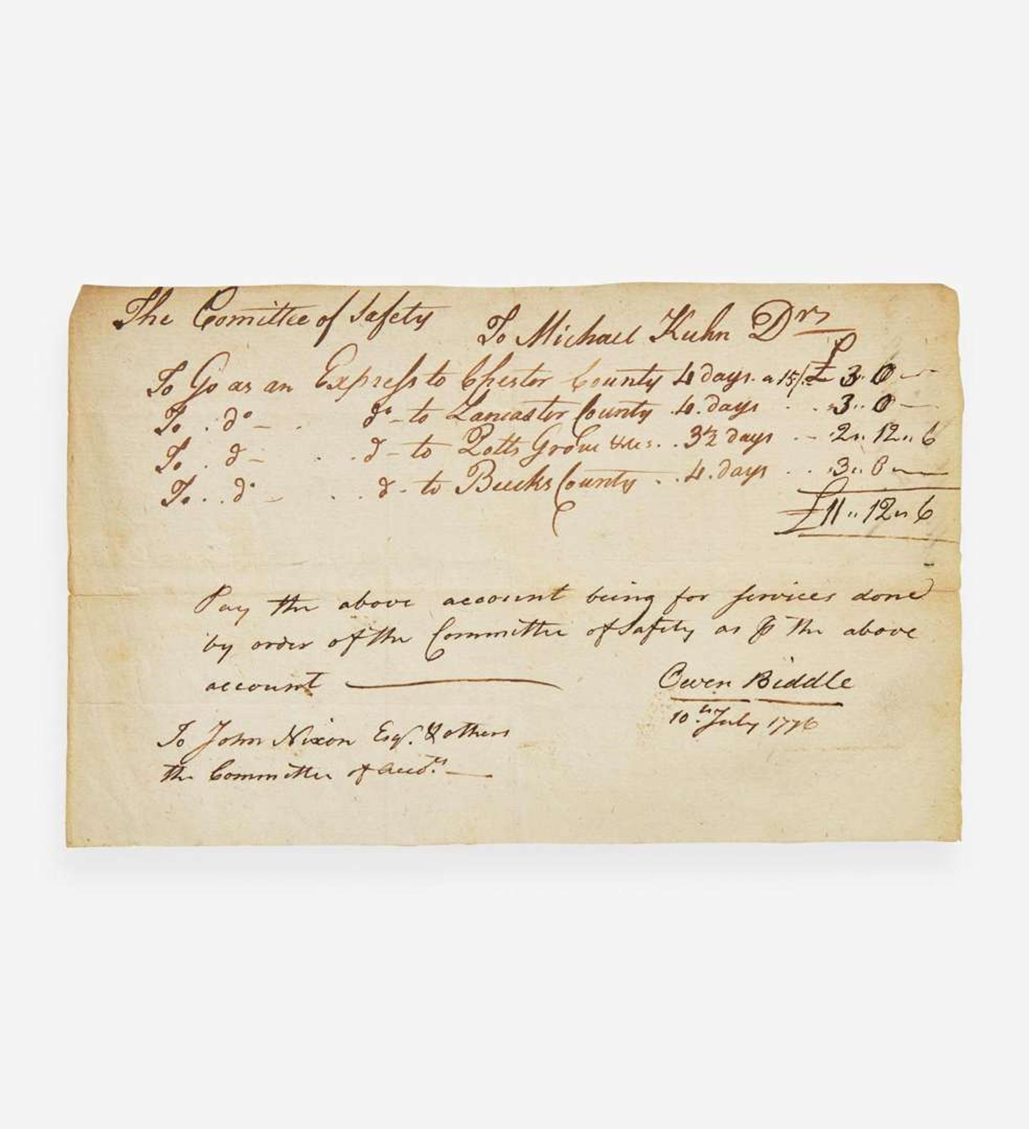 [Americana] [Declaration of Independence] Biddle, Owen Manuscript Document, Signed and Inscribed
