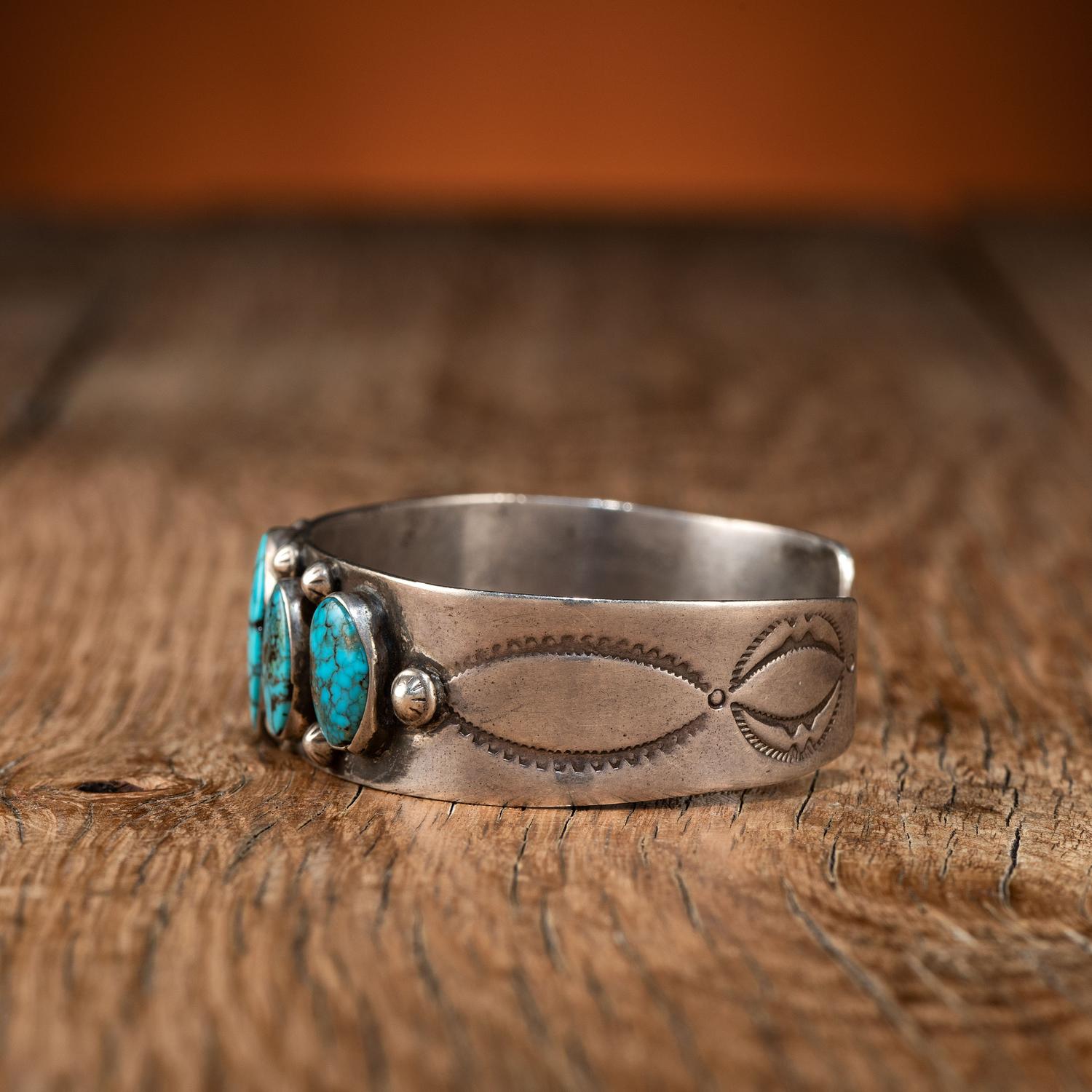 Navajo Stamped Silver and Turquoise Cuff Bracelet