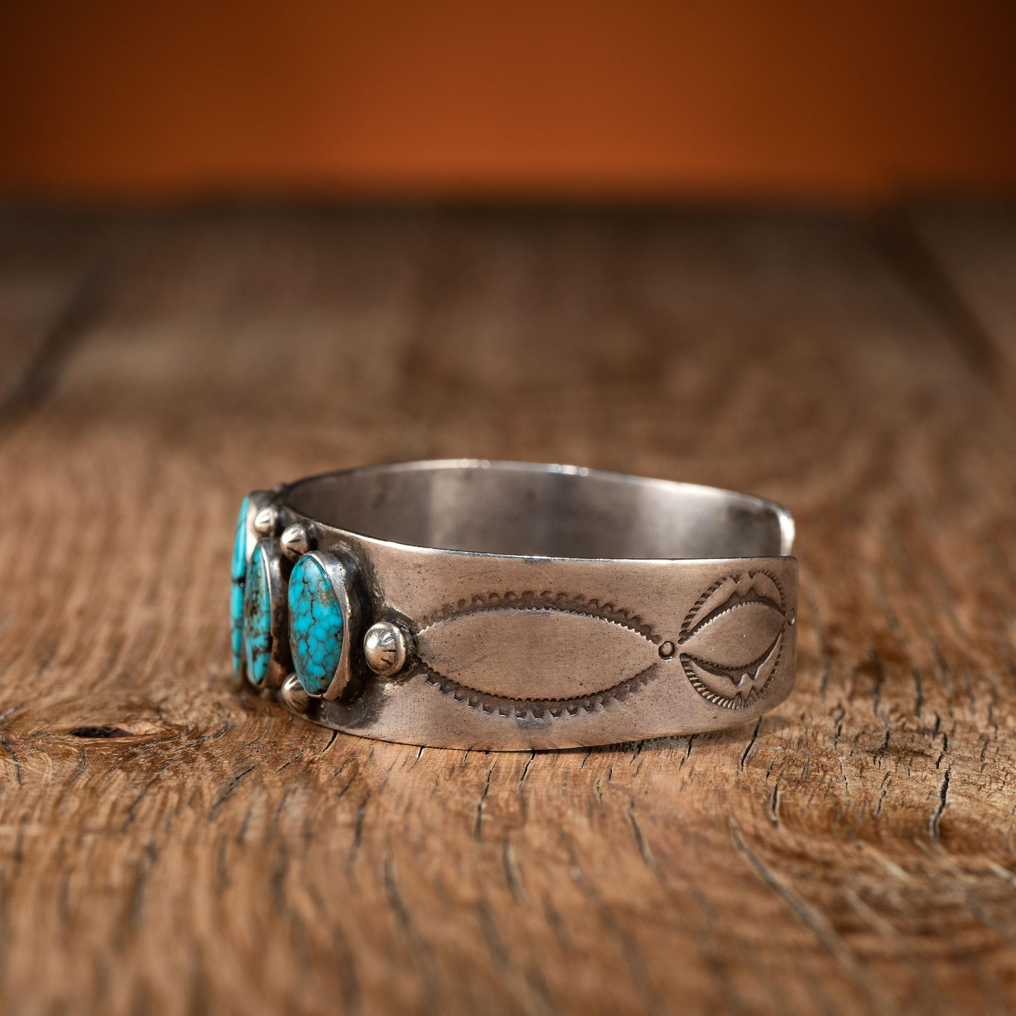 Navajo Stamped Silver and Turquoise Cuff Bracelet