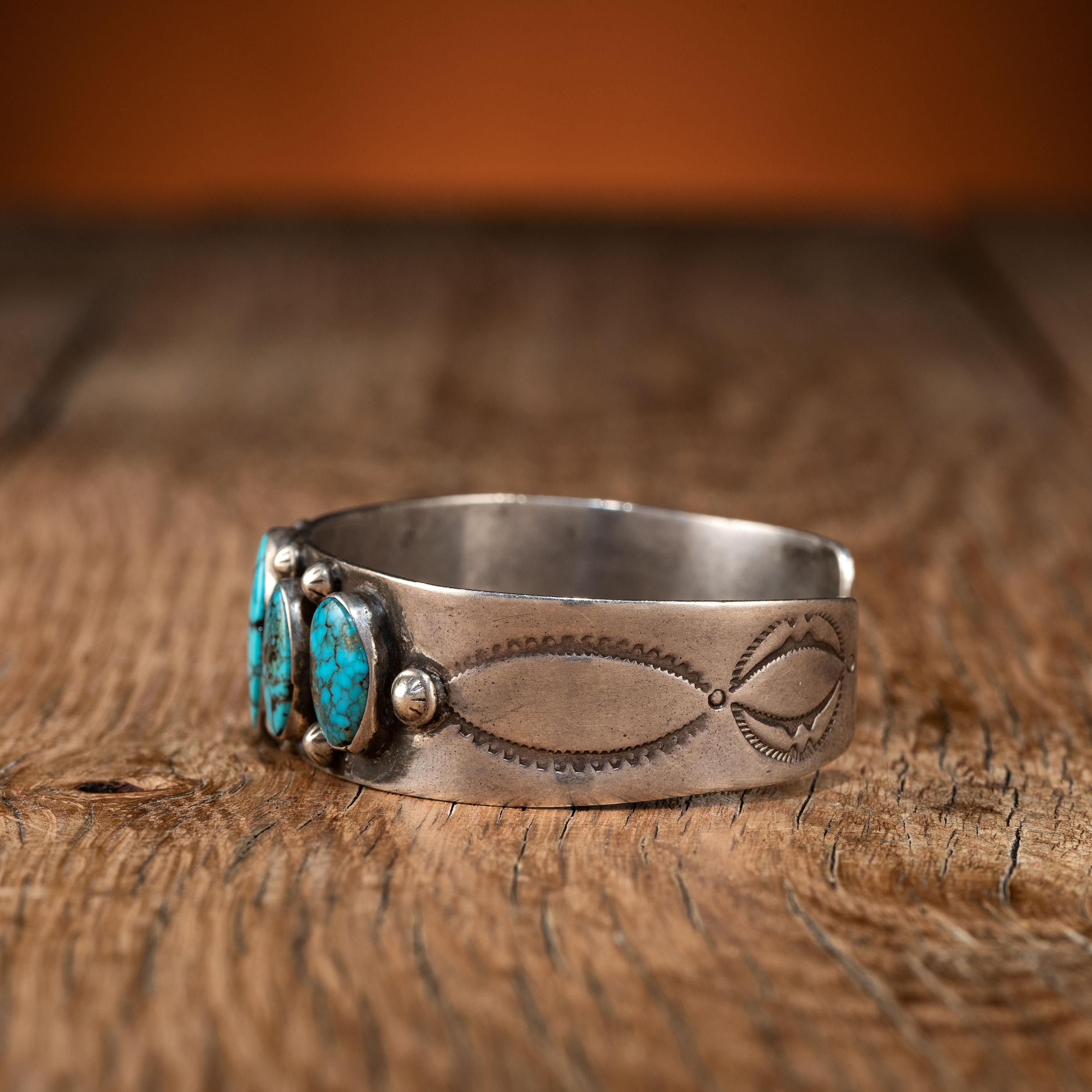 Navajo Stamped Silver and Turquoise Cuff Bracelet