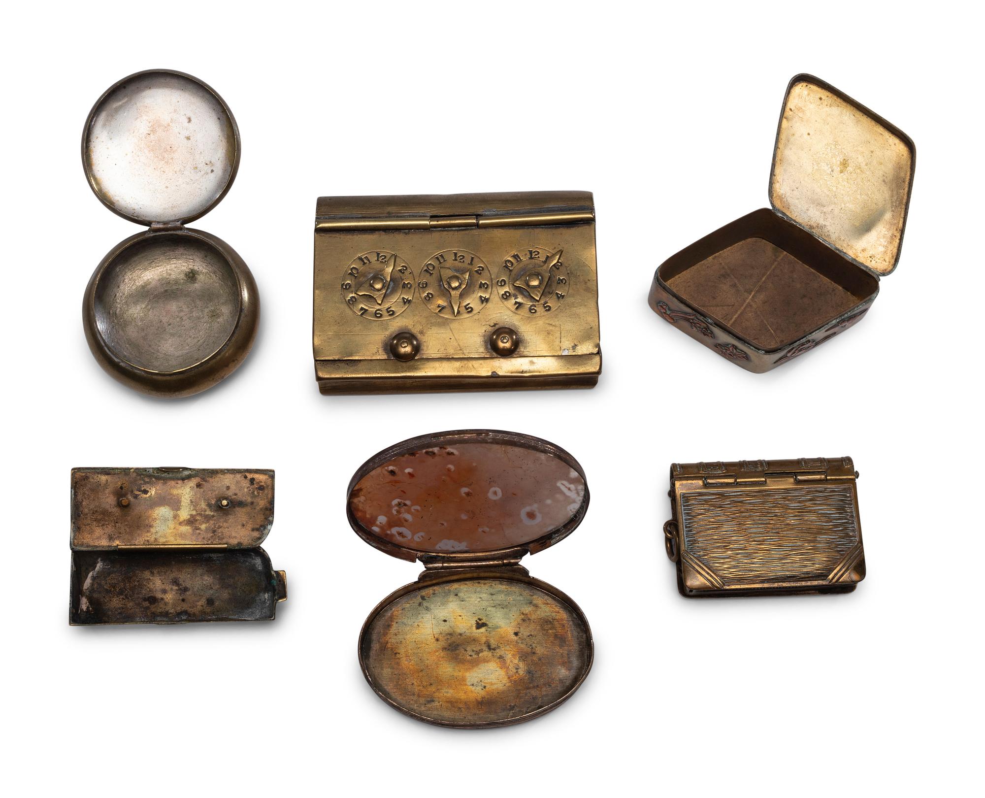 Six Brass Snuff Boxes and Match Safes