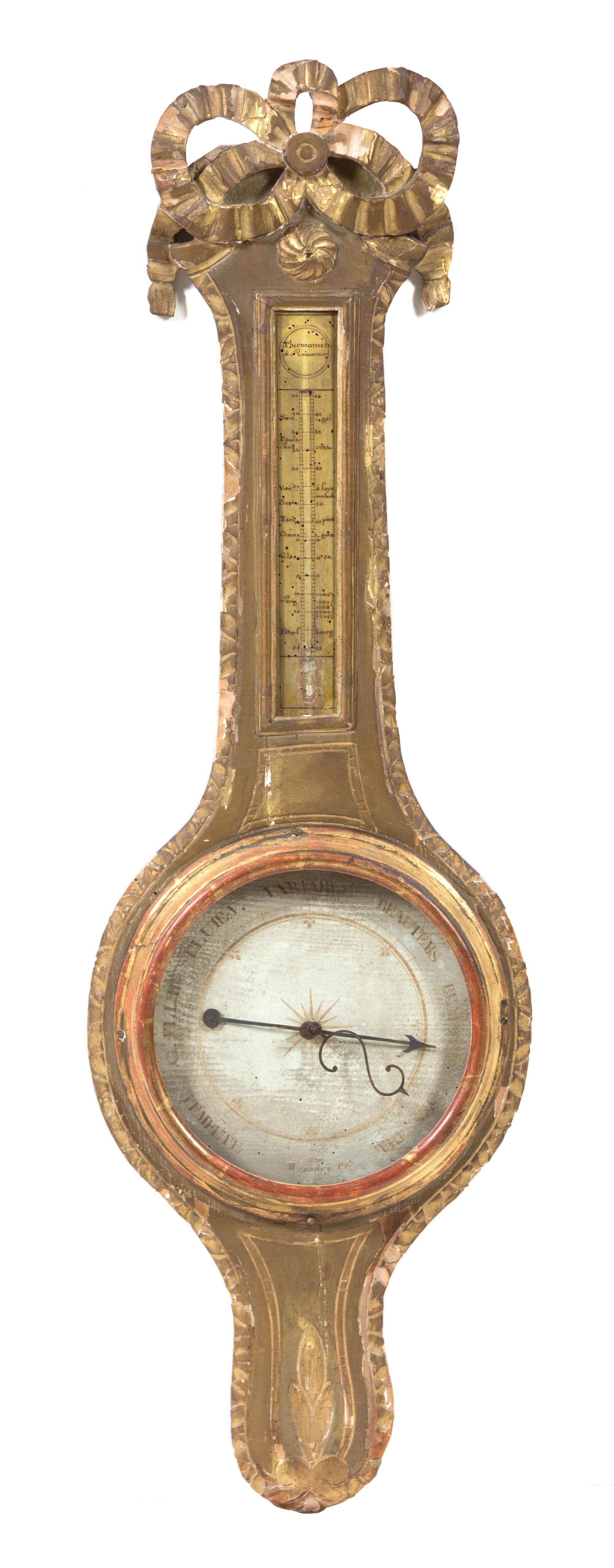 A Louis XVI Style Giltwood Barometer/Thermometer Height 39 1/2 inches. — 19TH CENTURY