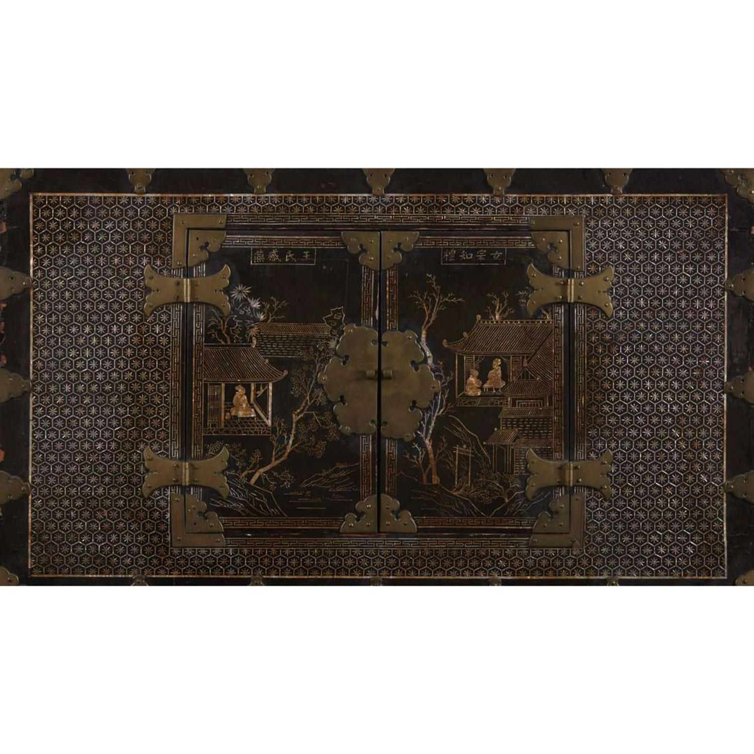 A pair of Korean mother of pearl-inlaid lacquered wood chests 19th Century