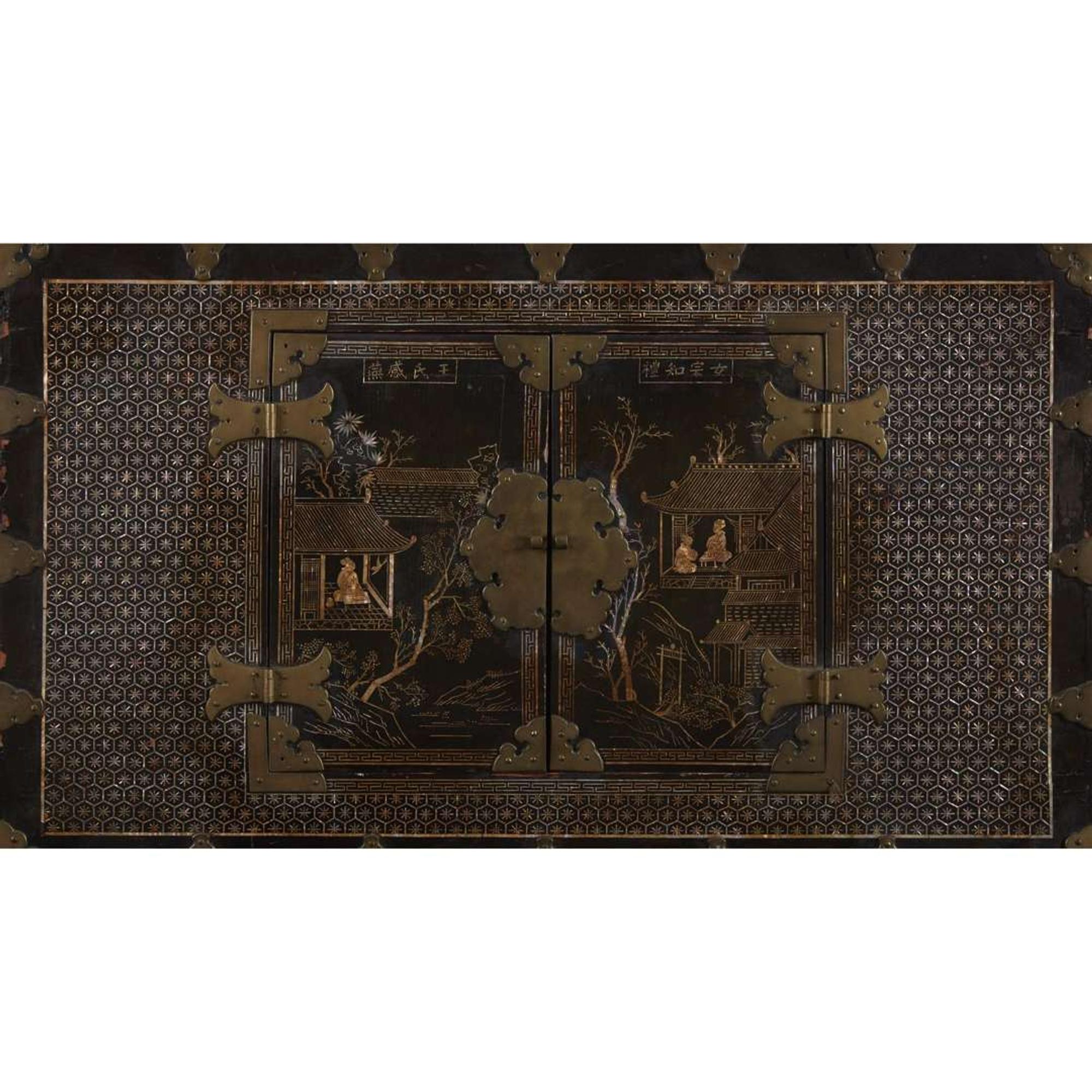 A pair of Korean mother of pearl-inlaid lacquered wood chests 19th Century