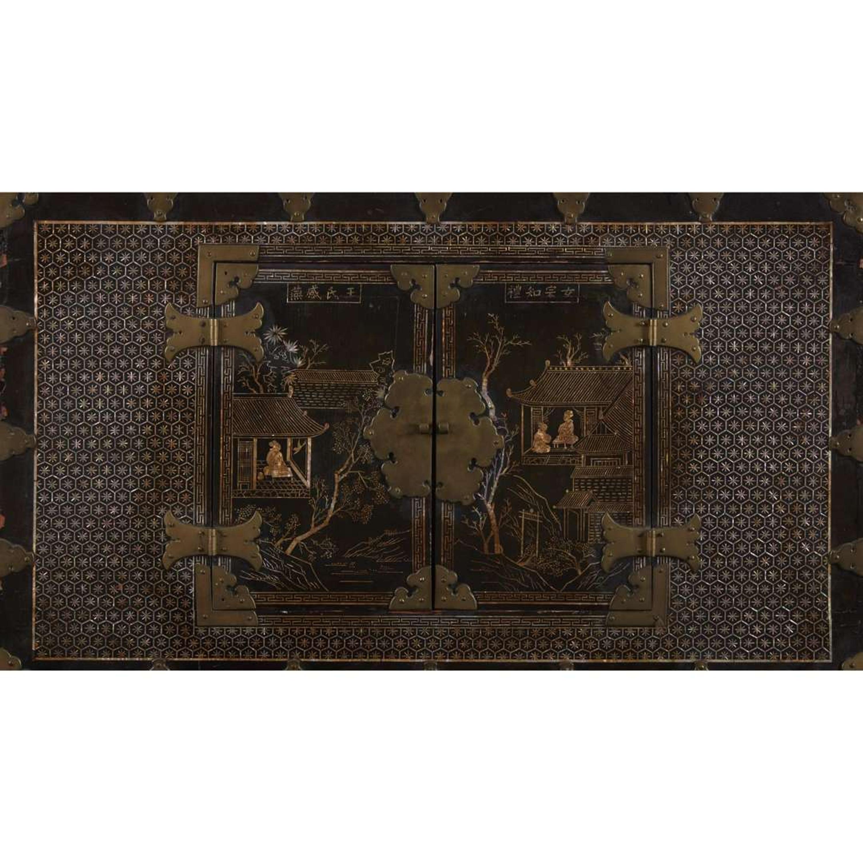 A pair of Korean mother of pearl-inlaid lacquered wood chests 19th Century