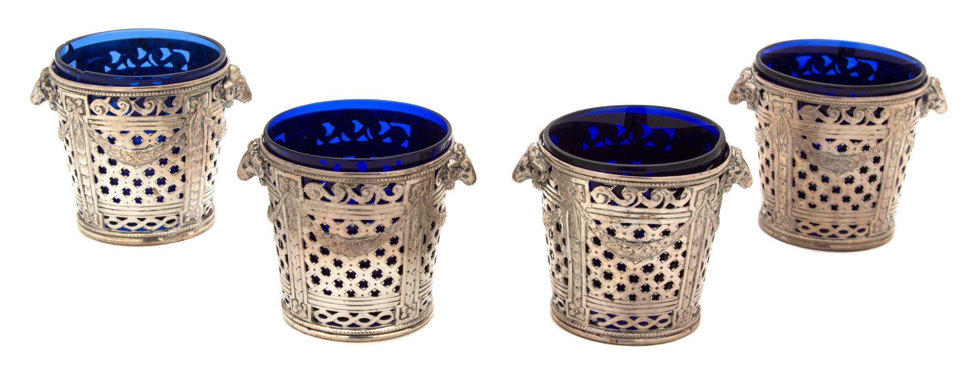 A Group of Four Continental Silver Neoclassical Style Open Salts, Theodor Heiden, Germany, 19th Century, with cobalt blue glass liners