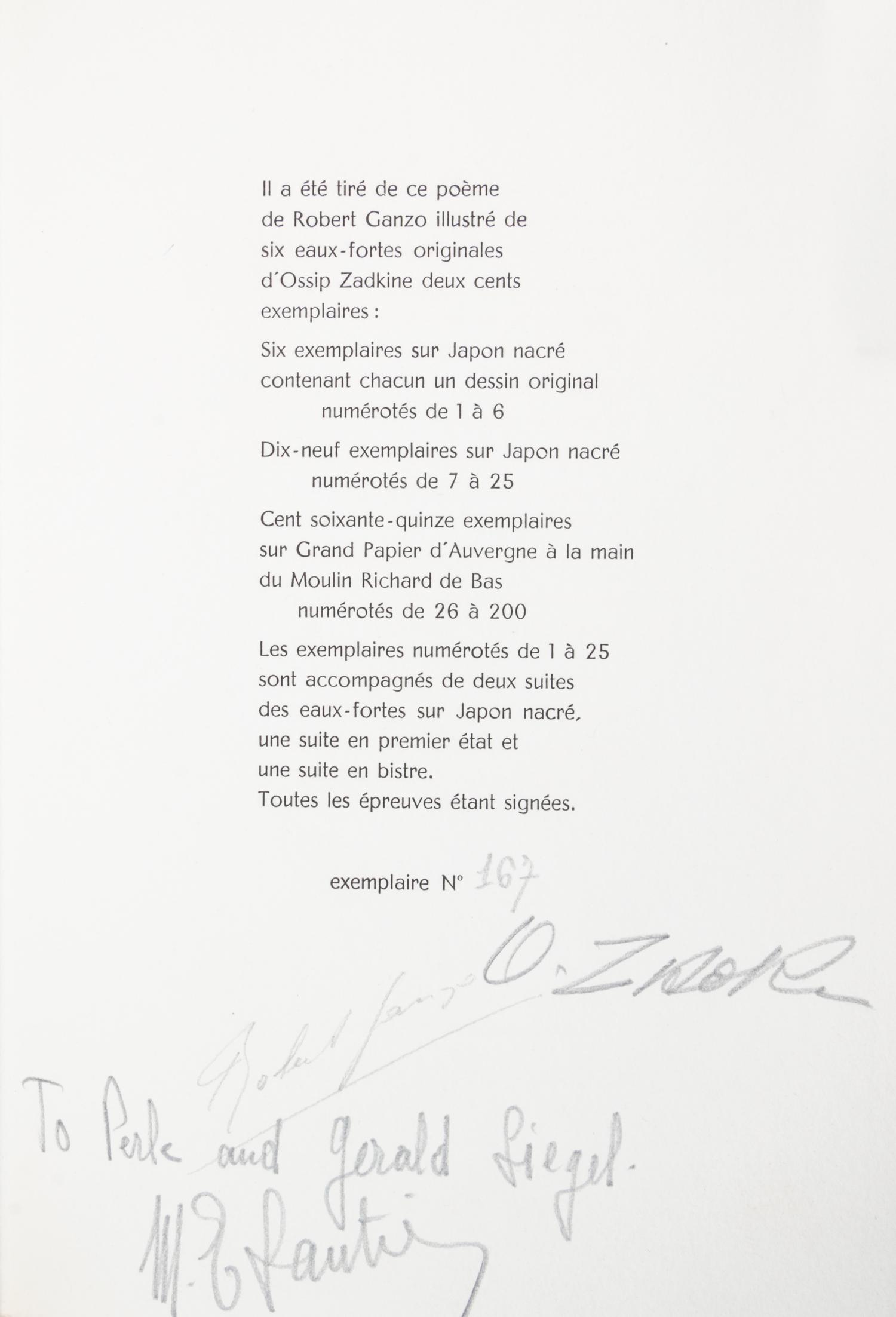 (ZADKINE, OSSIP) GANZO, ROBERT. Lespugue. Paris, 1966. Limited, signed.