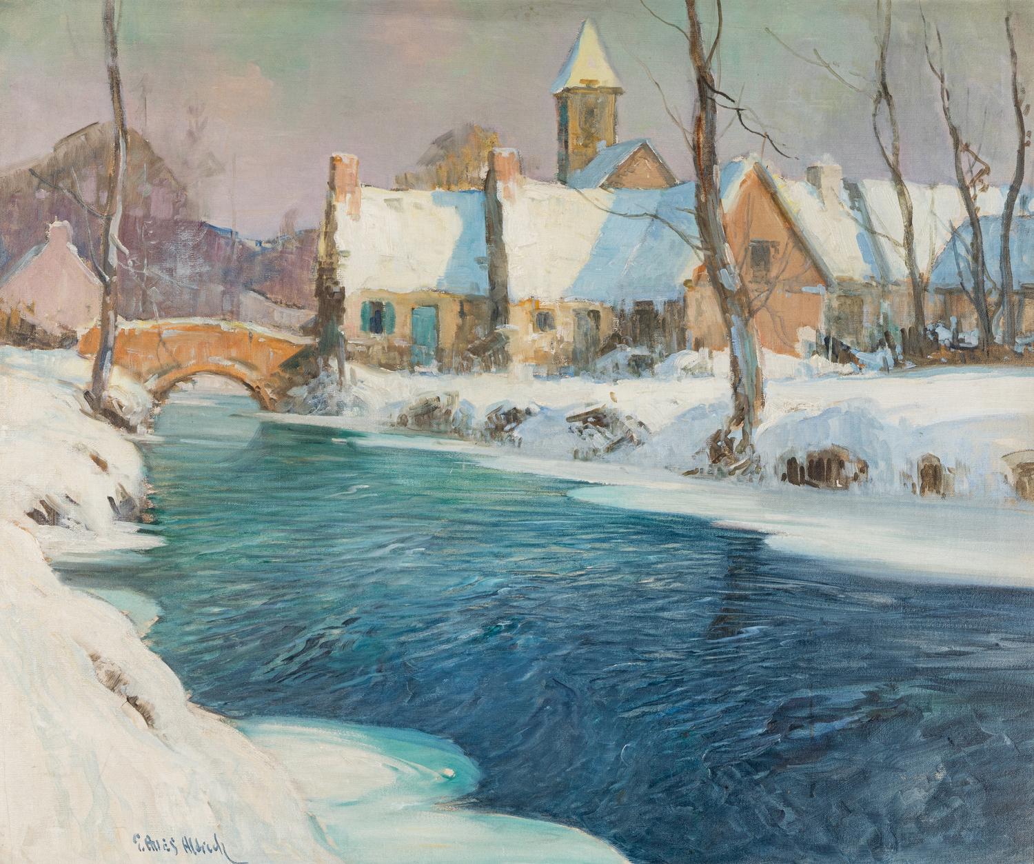 Winter Village Scene with River