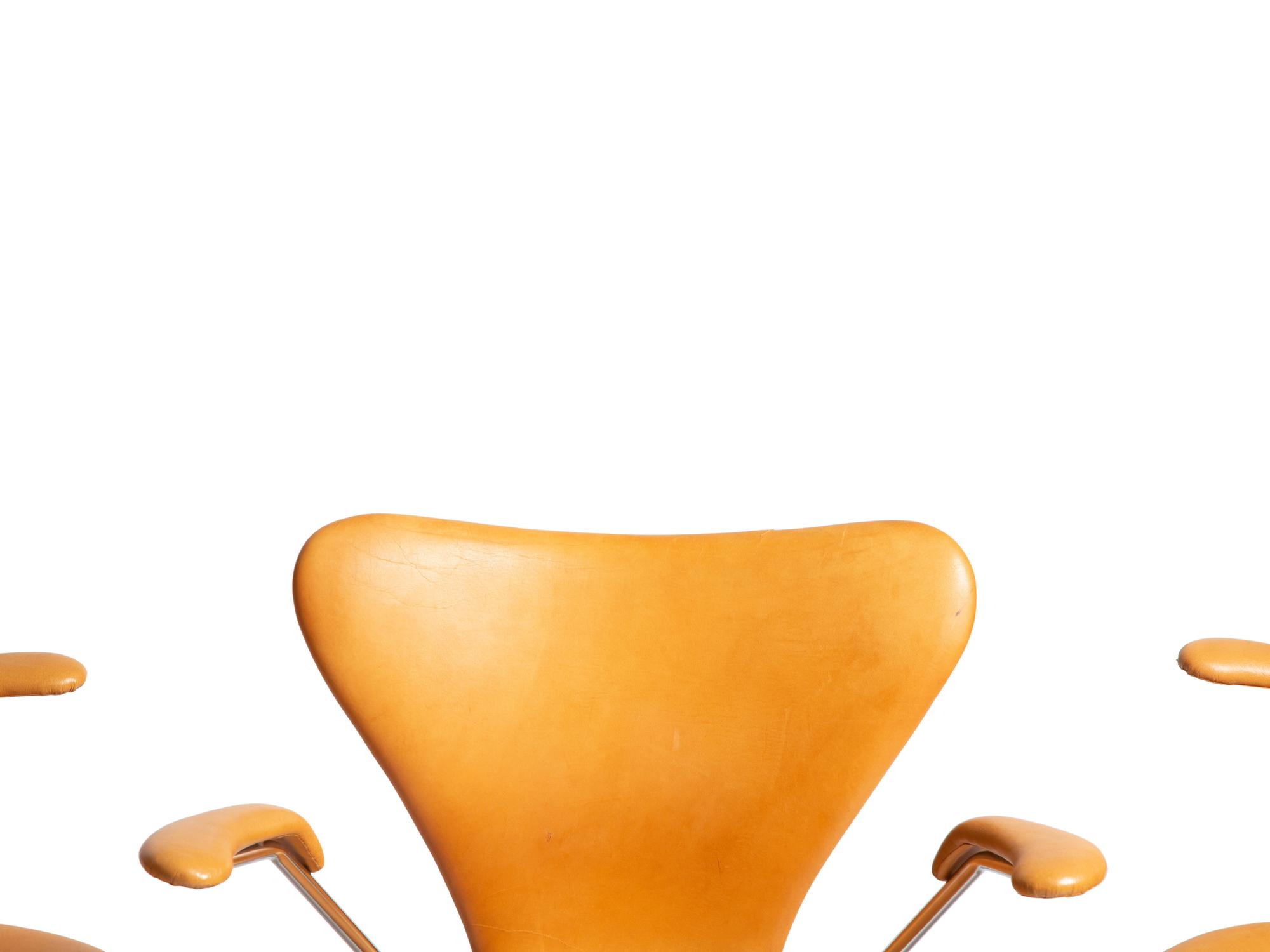 Four Cognac Leather Dining Chairs, model 3207 Fritz Hansen, Denmark