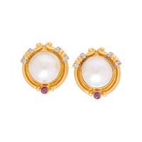 CULTURED MABE PEARL, RUBY AND DIAMOND EARCLIPS
