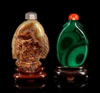 A Chinese Russet and Pale Celadon Fish-Form Snuff Bottle and A Chinese Carved Malachite Snuff Bottle
