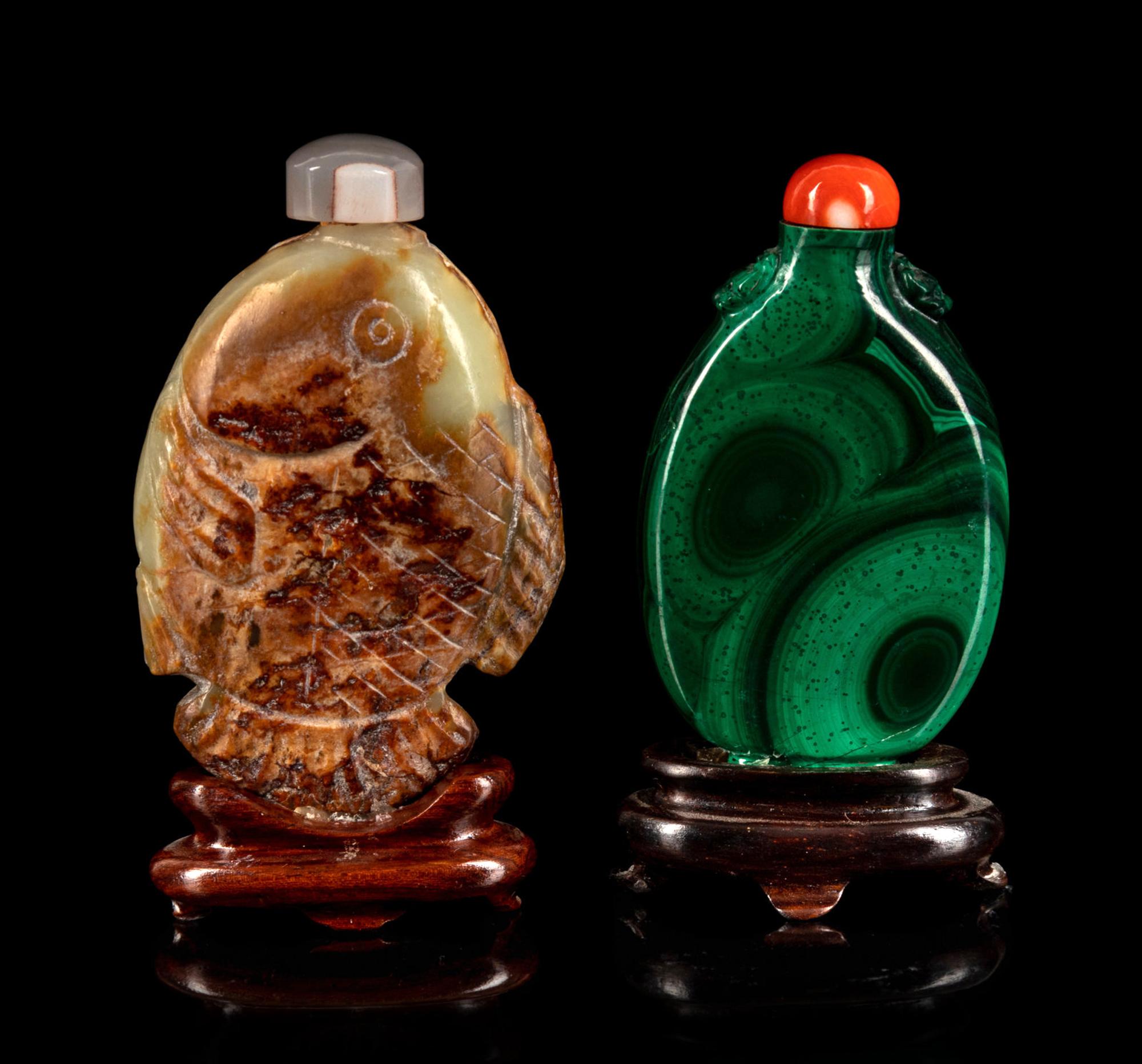 A Chinese Russet and Pale Celadon Fish-Form Snuff Bottle and A Chinese Carved Malachite Snuff Bottle
