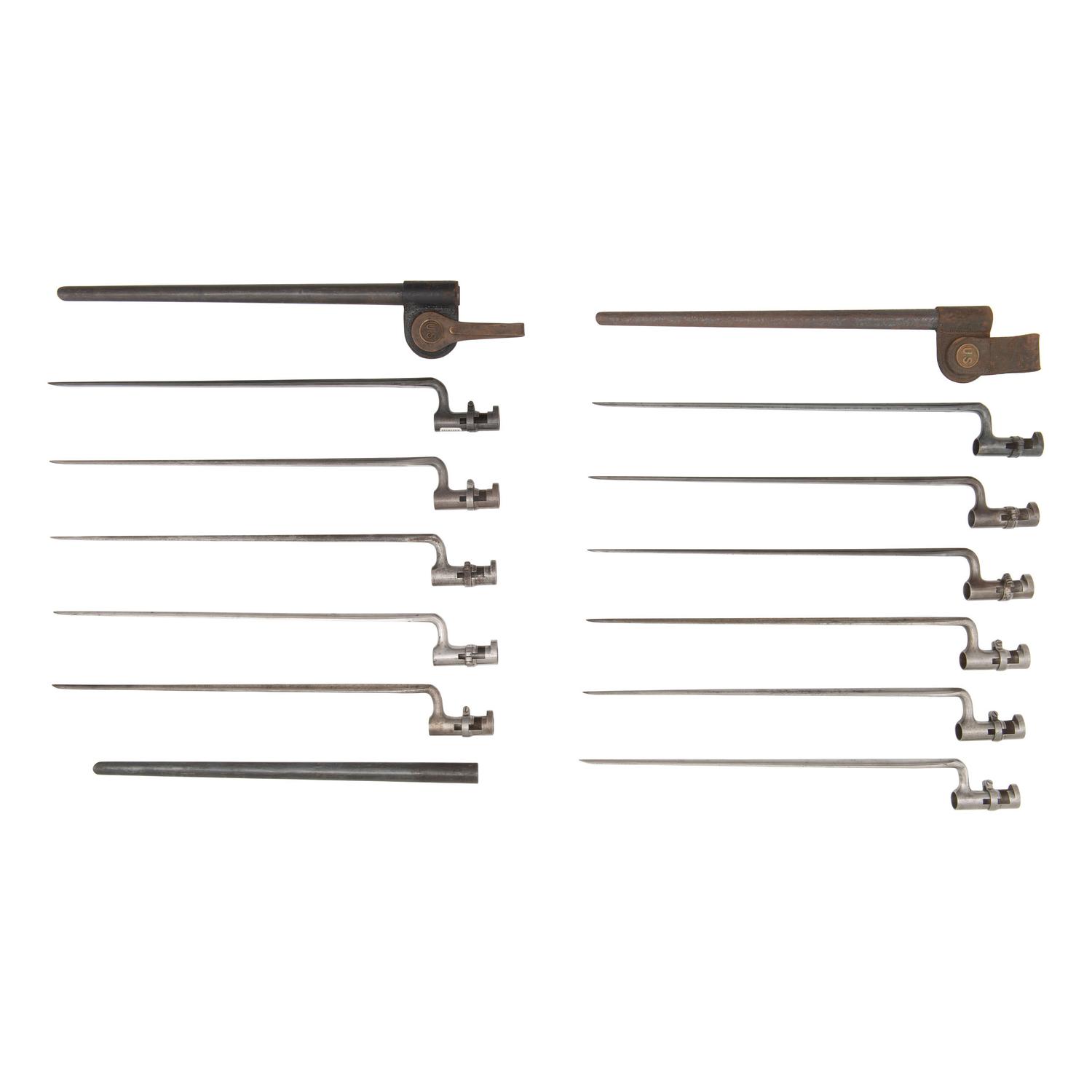 Group of 11 US Socket Bayonets: 9 US Model 1855 .58 Caliber, 2 US Model 1873 for .45-70 with Scabbards and 1 Spare Scabbard Body