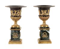 A Pair of Empire Style Gilt Bronze and Tôle Marble Urns