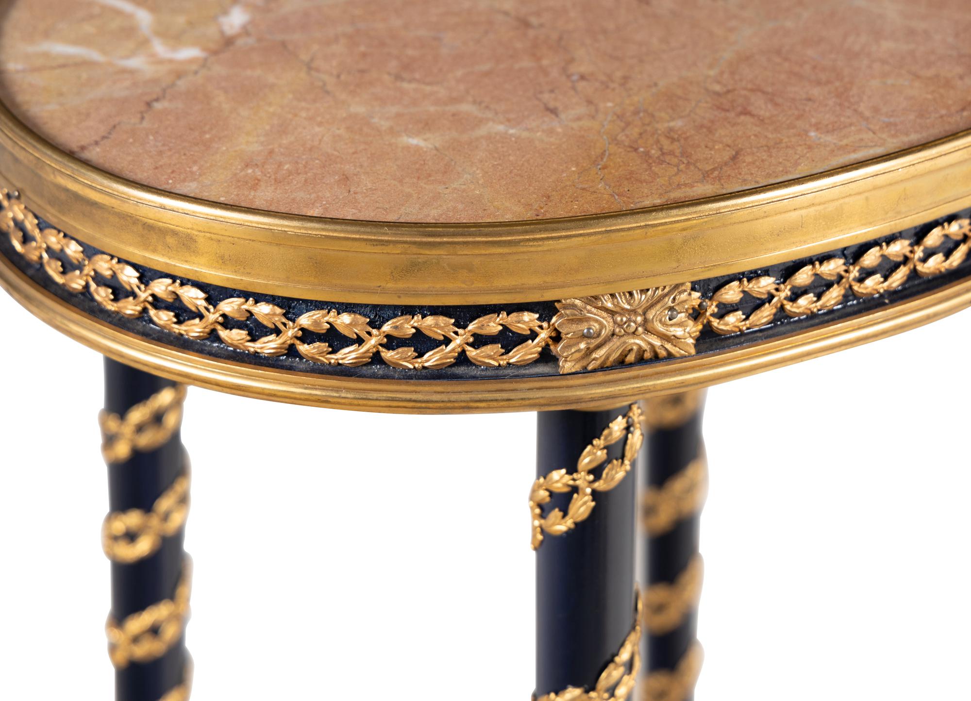 A Pair of Louis XVI Style Gilt Bronze Mounted Marble-Top Side Tables in the Style of Adam Weisweiler