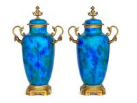 A Pair of 'Sevres' Gilt-Metal-Mounted Flambe-Glazed Porcelain Covered Urns — EARLY 20TH CENTURY