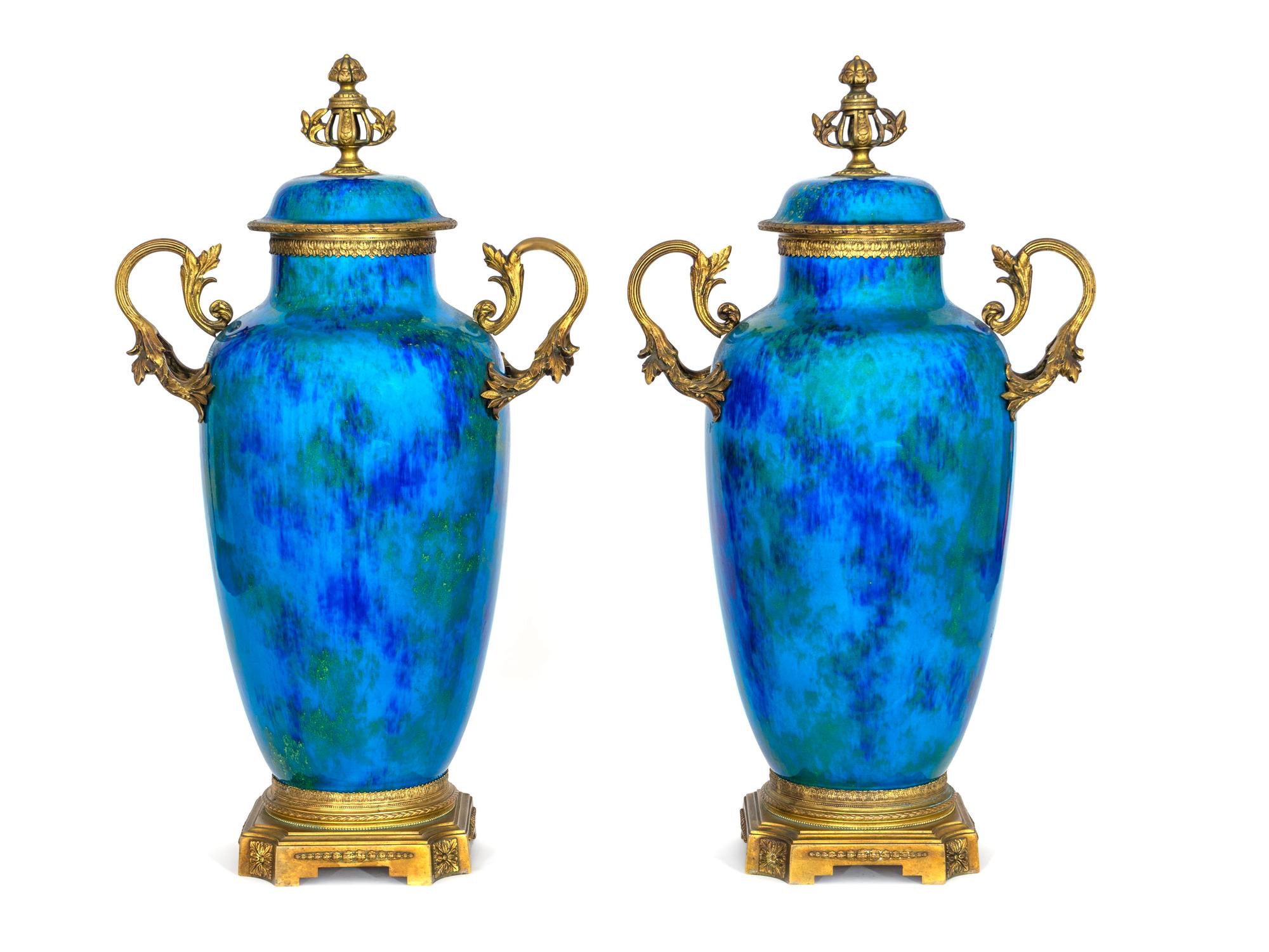 A Pair of 'Sevres' Gilt-Metal-Mounted Flambe-Glazed Porcelain Covered Urns — EARLY 20TH CENTURY