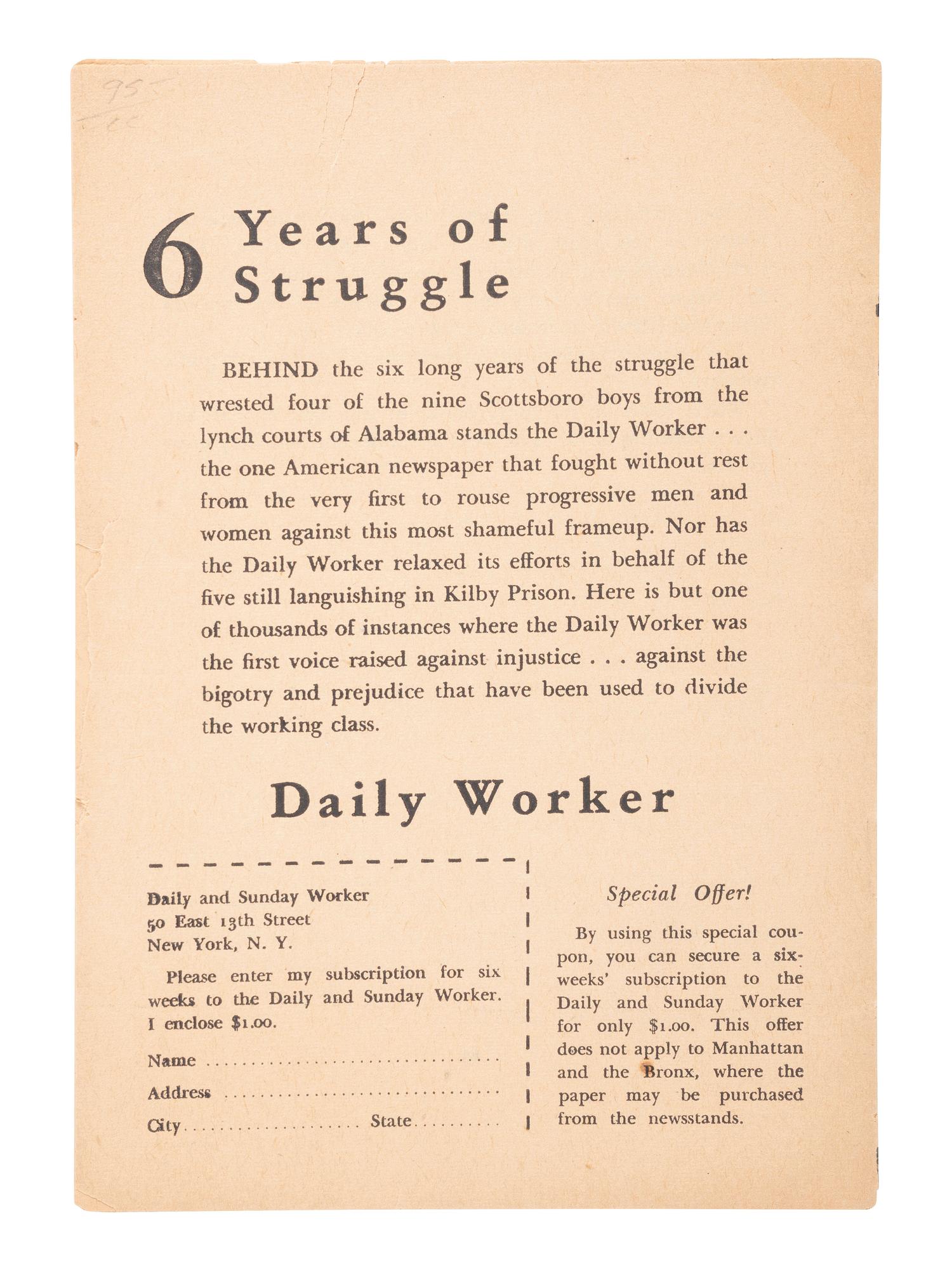 [CIVIL RIGHTS]. A small archive of items related to the "Scottsboro Boys," including 4 press photographs and 1937 pamphlet.