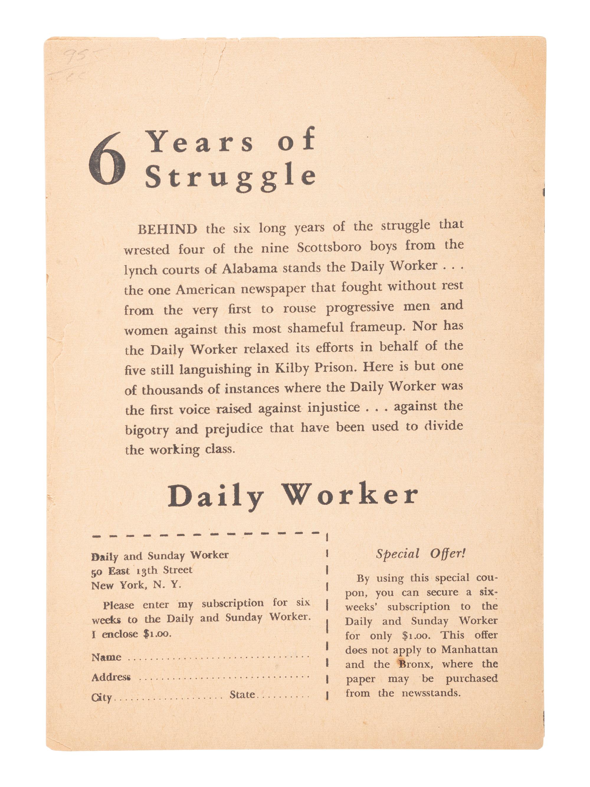 [CIVIL RIGHTS]. A small archive of items related to the "Scottsboro Boys," including 4 press photographs and 1937 pamphlet.