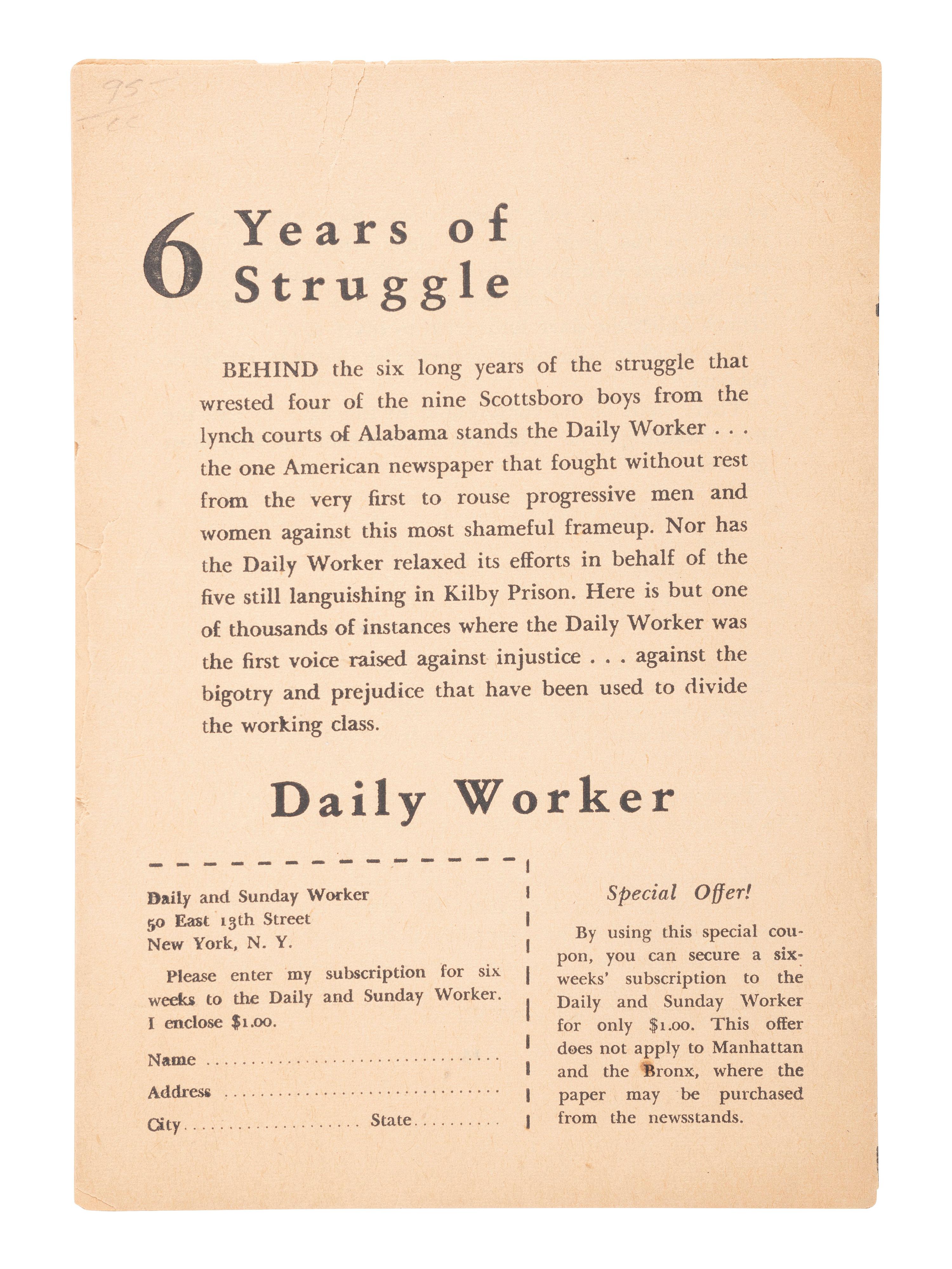 [CIVIL RIGHTS]. A small archive of items related to the "Scottsboro Boys," including 4 press photographs and 1937 pamphlet.